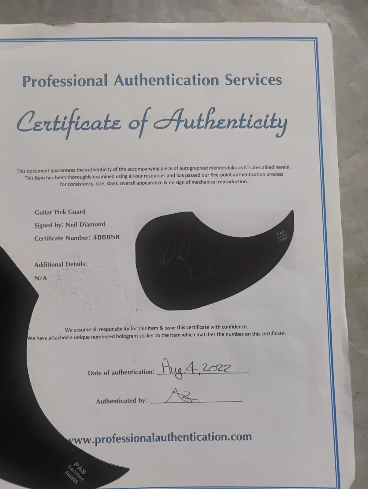 Neil Diamond Hand Signed Autograph COA Guitar Pick Guard NO US TARIFFS, image 4