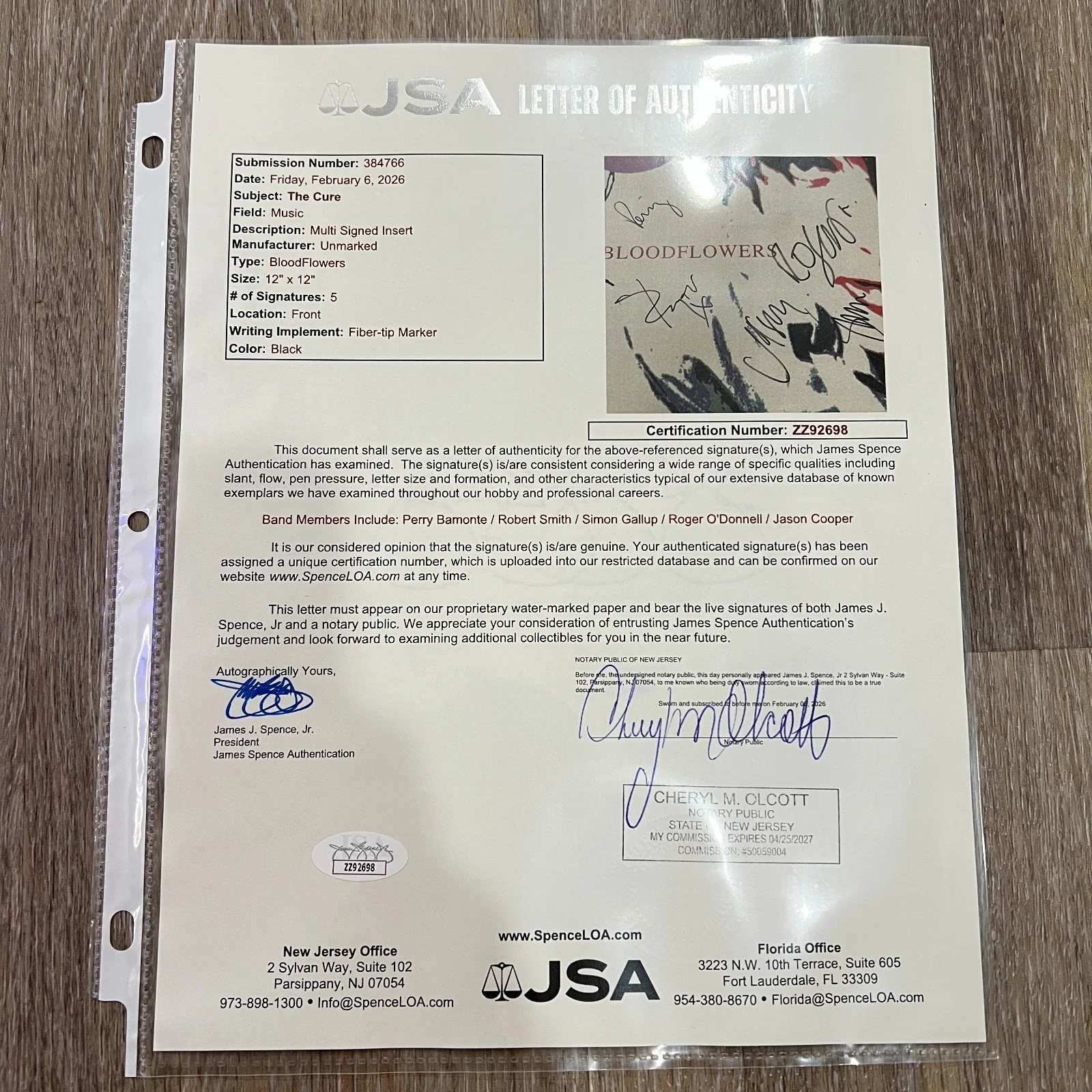 The Cure 'Bloodflowers' Full Band Signed Autographed Flat [JSA], image 2