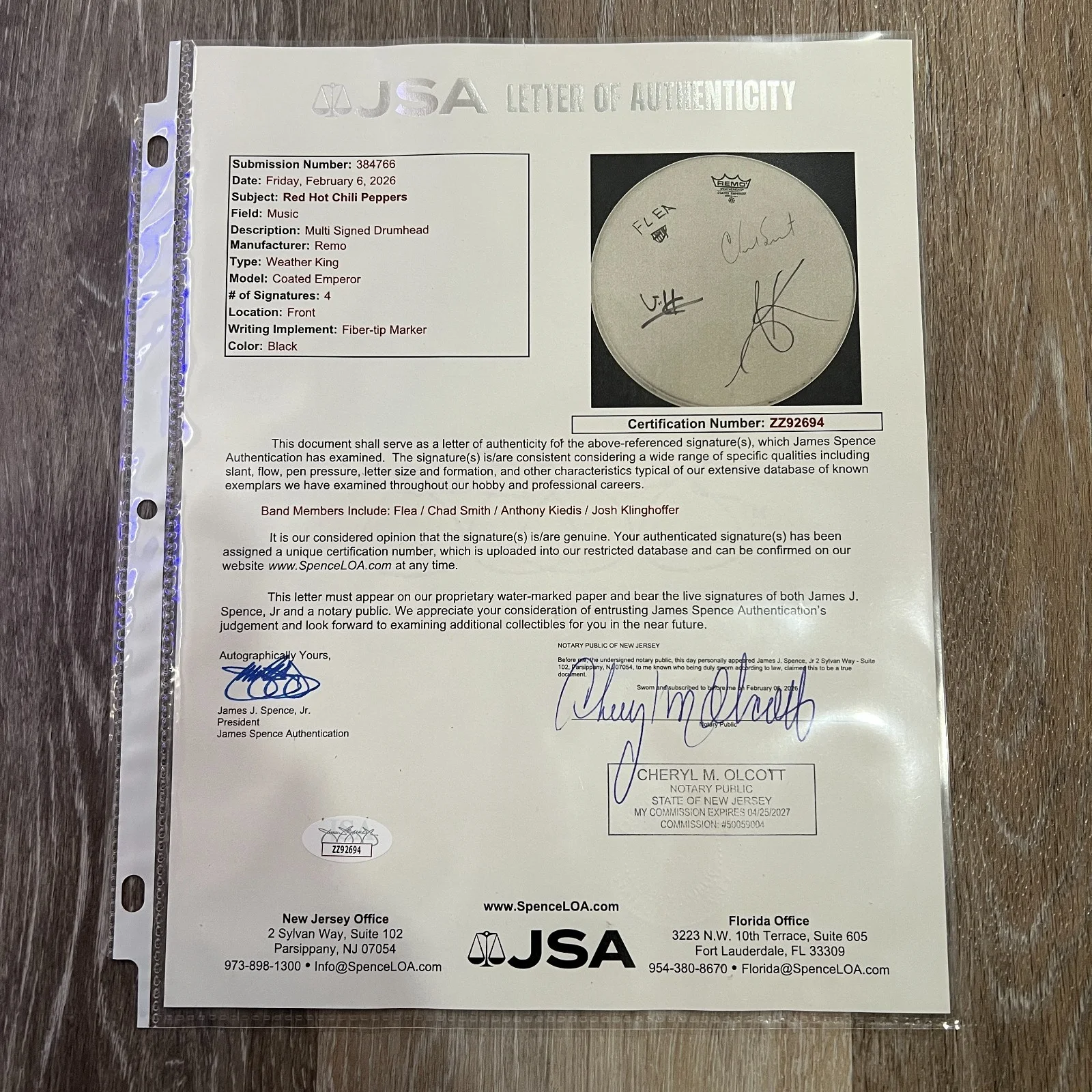 Red Hot Chili Peppers Full Band Signed Autographed Drumhead [JSA], image 4