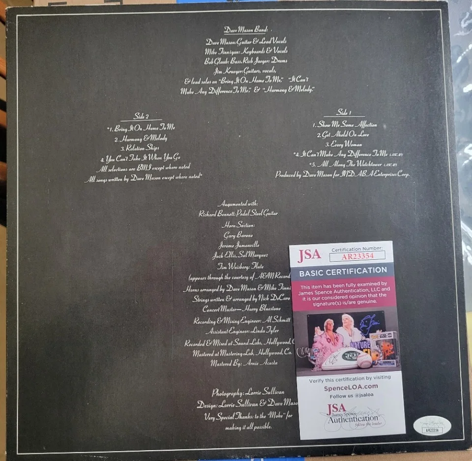 Dave Mason signed album insert Traffic We Just Disagree JSA coa, image 2