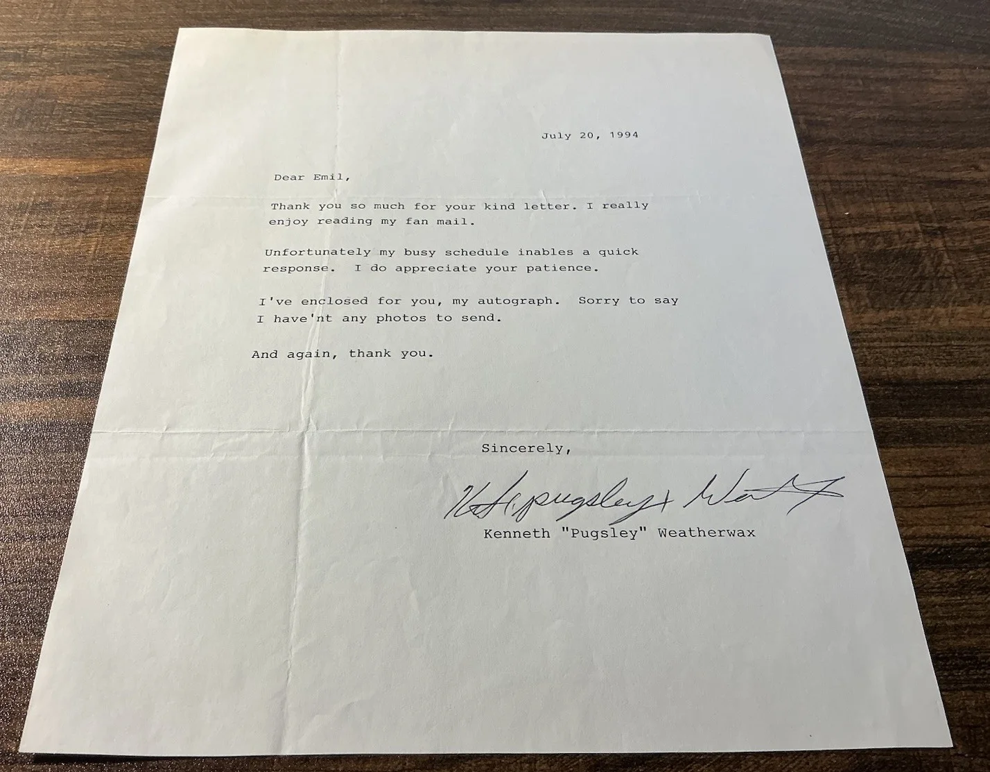 Ken Weatherwax — 1960’s Adams Family TV Series, “PUGSLEY”, Handsigned Letter From Ken Weatherwax, изображение 2