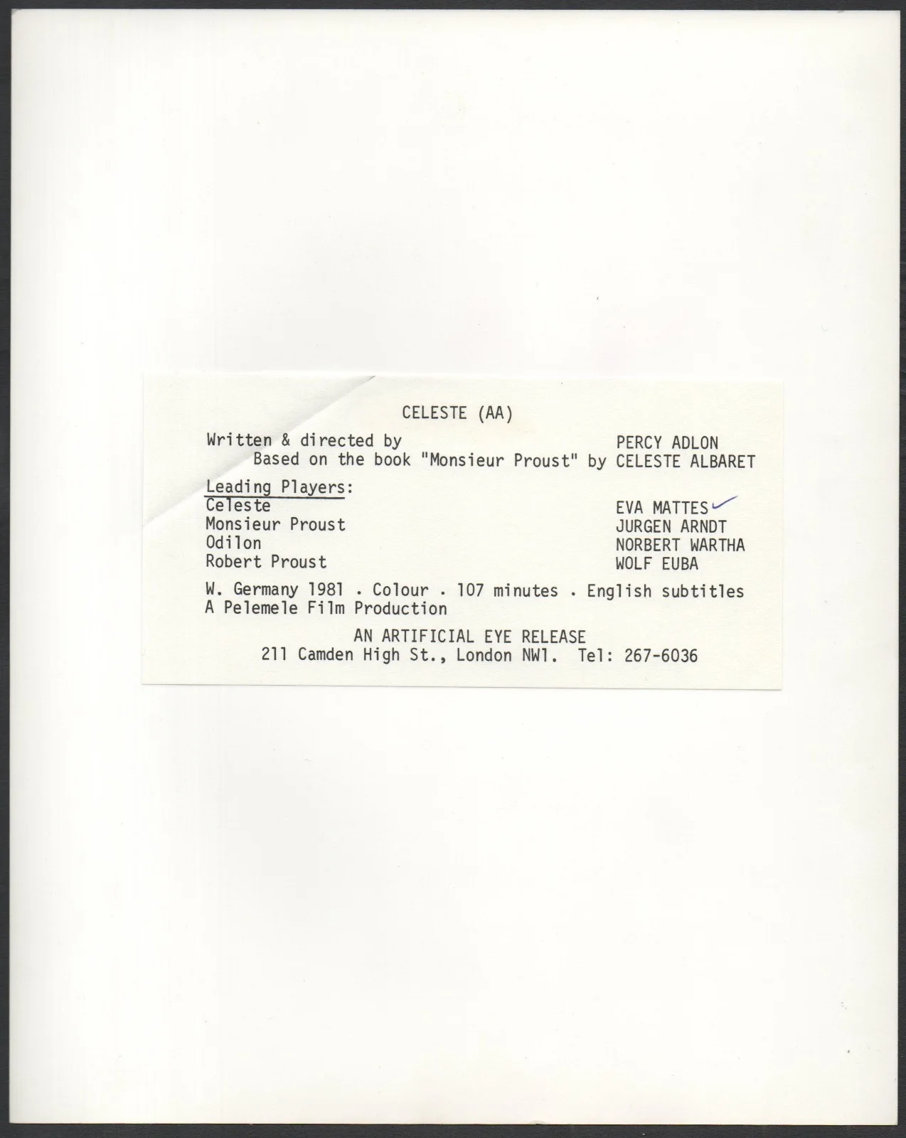 CELESTE 1980 Percy Adlon, Eva Mattes Marcel Proust 10x8 STILL, image 2