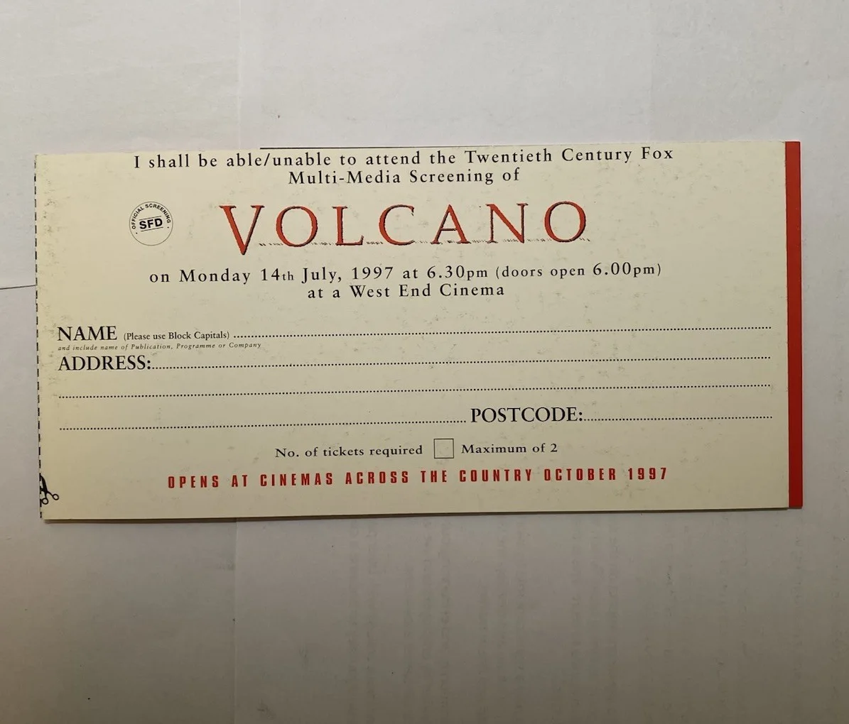 VOLCANO - MULTI MEDIA SCREENING TICKET / APPLICATION - London 14/07/97, image 4