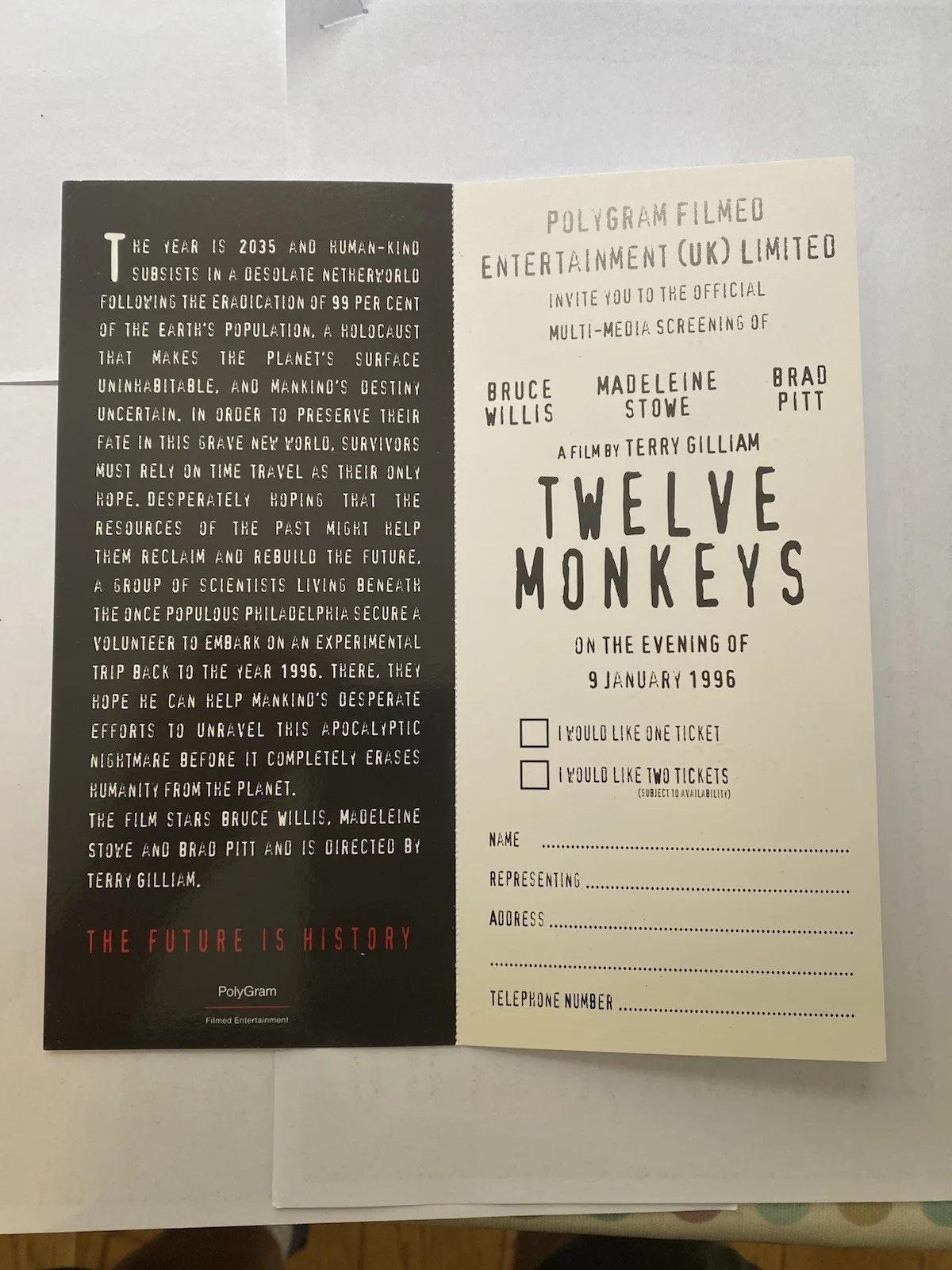 TWELVE MONKEYS - TICKET APPLICATION - MULTI MEDIA SCREENING London 09/01/1996, image 2