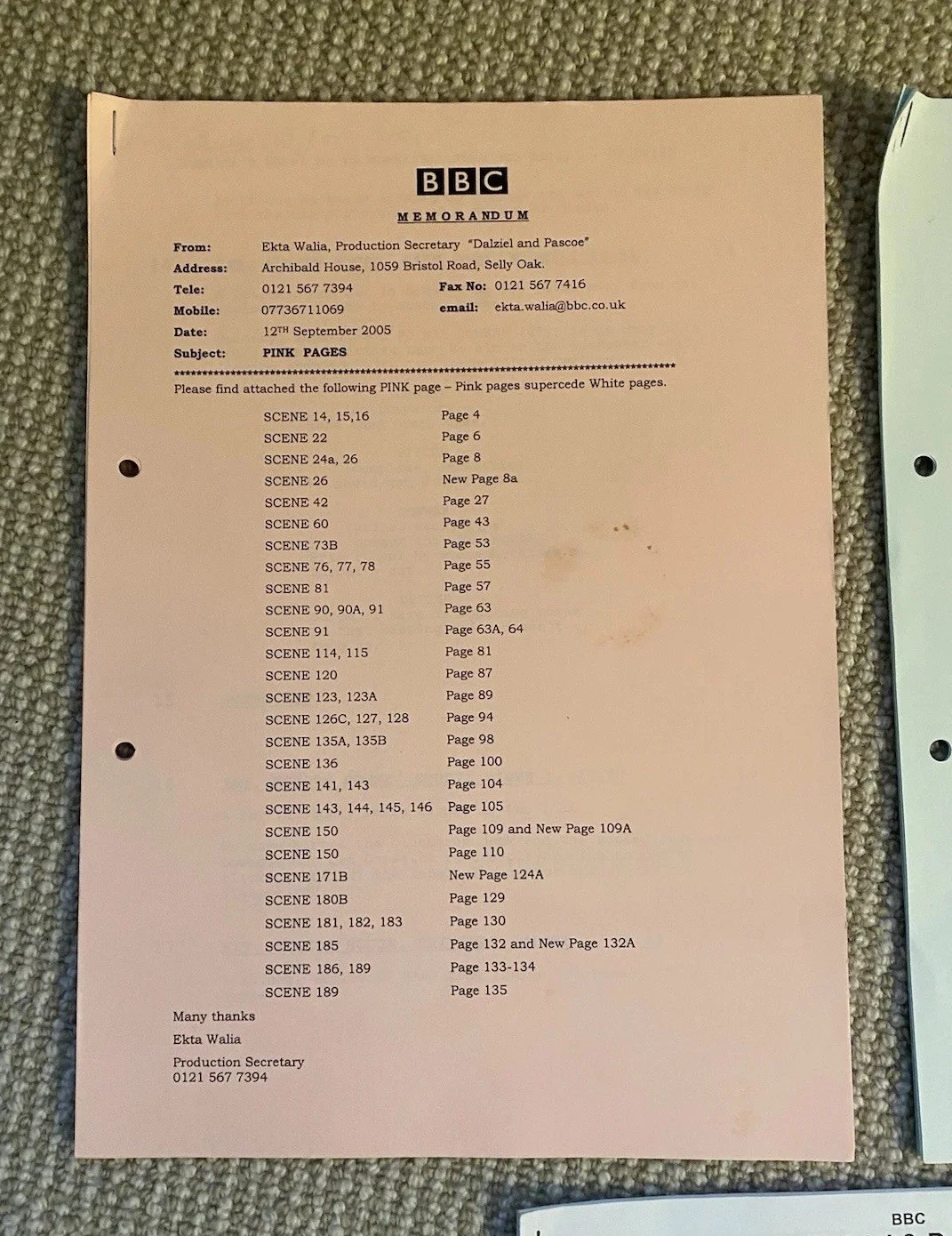 DALZIEL And PASCOE - ORIGINAL CALL SHEETS & MEMORANDUM - 2002 - RARE, image 2