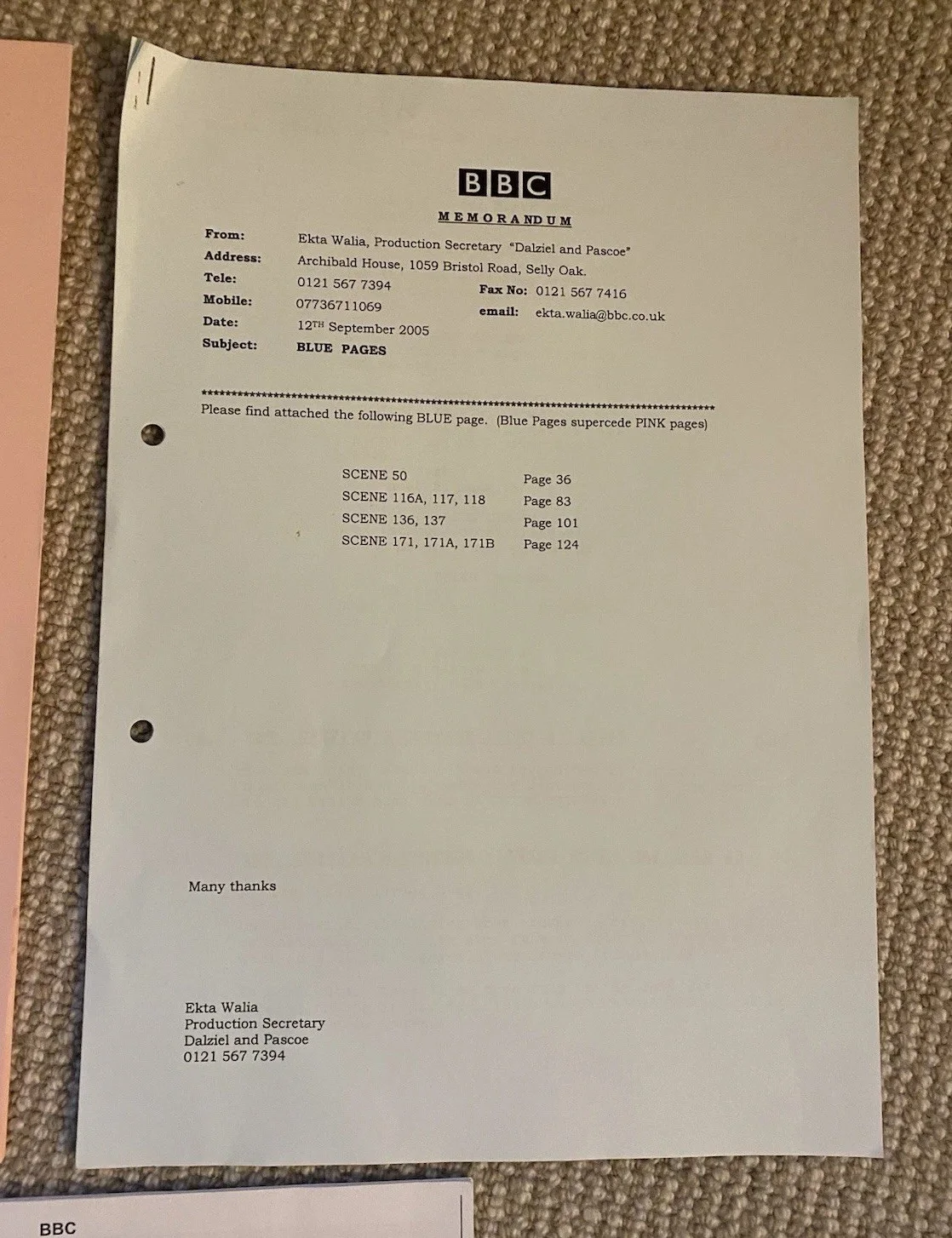 DALZIEL And PASCOE - ORIGINAL CALL SHEETS & MEMORANDUM - 2002 - RARE, image 3
