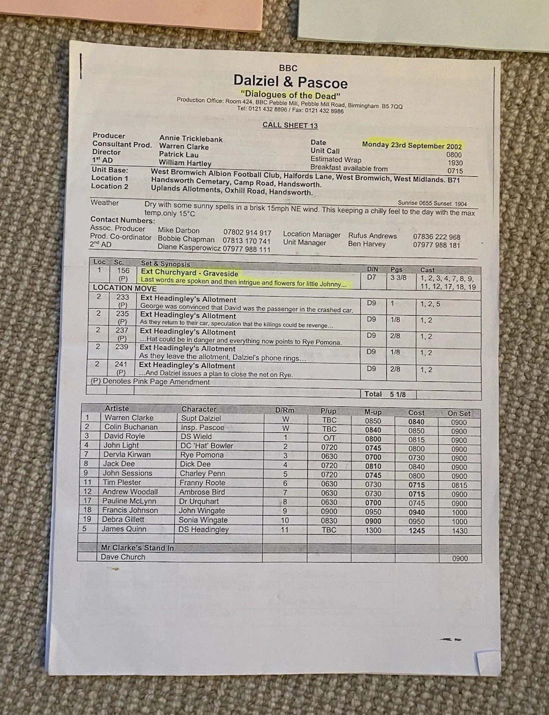DALZIEL And PASCOE - ORIGINAL CALL SHEETS & MEMORANDUM - 2002 - RARE, image 4