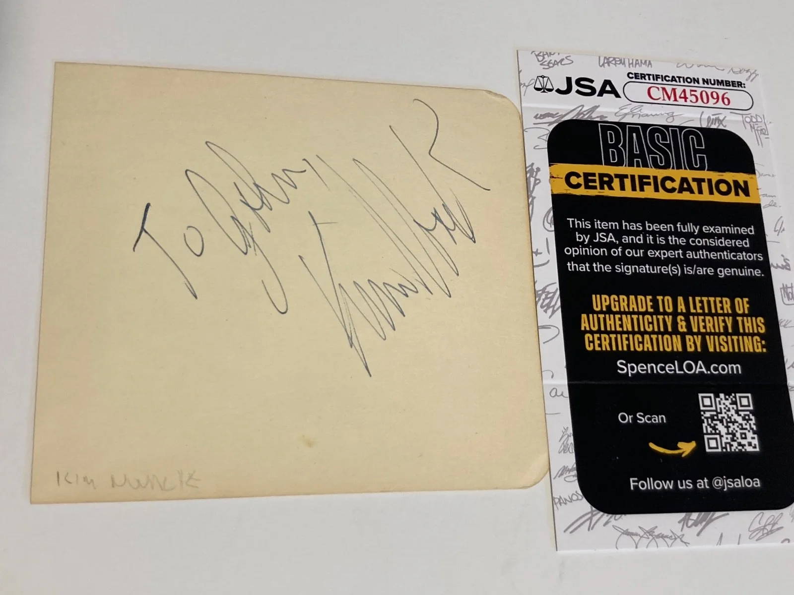 KIM NOVAK — KIM NOVAK signed 4x4 paper "VERTIGO", "OF HUMAN BONDAGE", "PICNIC" JSA#CM45096