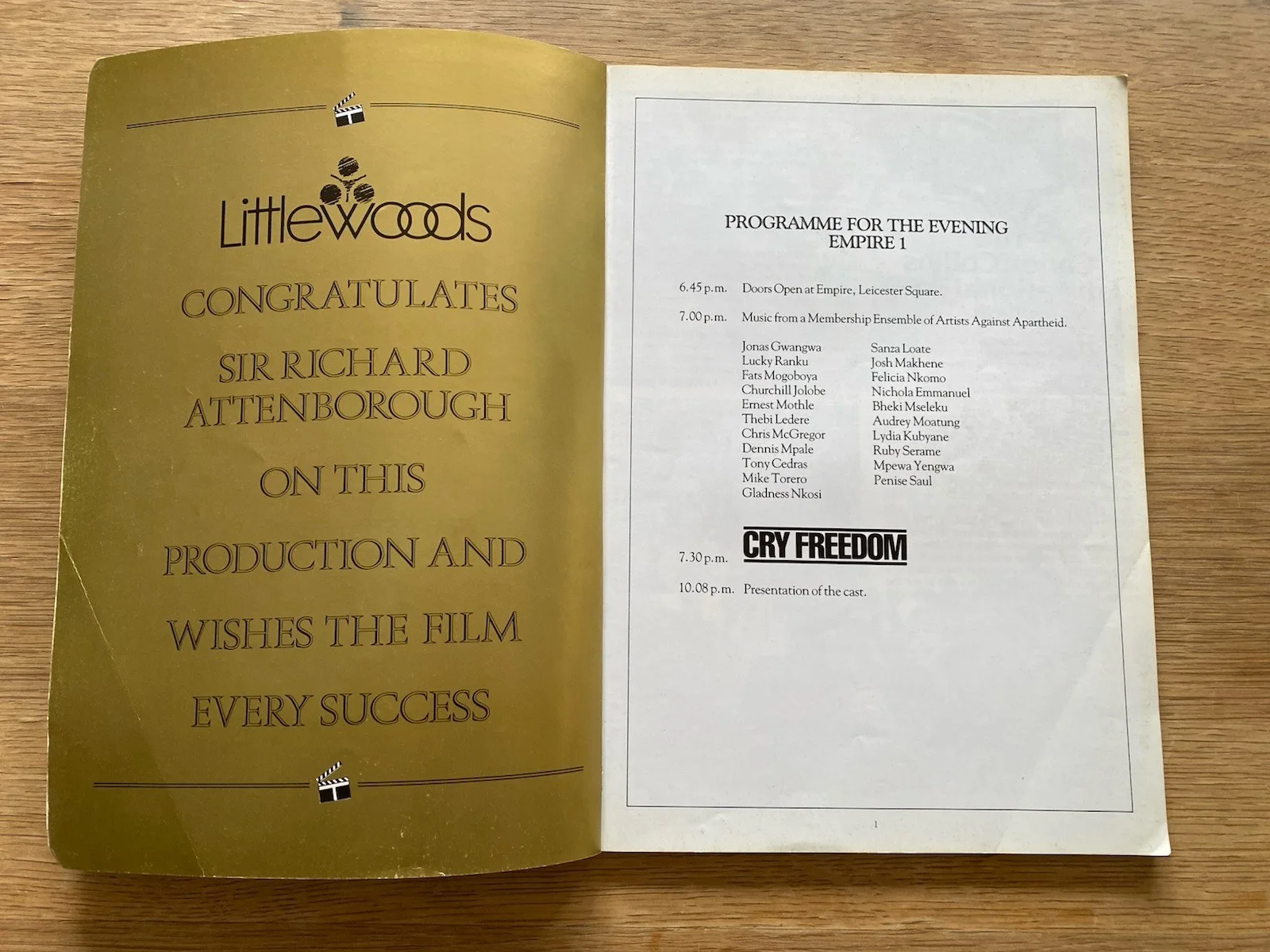 CRY FREEDOM - EUROPEAN CHARITY PREMIERE BROCHURE EMPIRE LEICESTER SQ 26/11/87, изображение 2