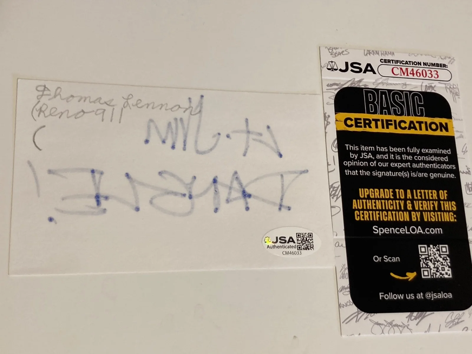 THOMAS LENNON — THOMAS LENNON signed 3x5 card as "LT. JIM DANGLE", from "RENO 911!" JSA#CM46033, изображение 2