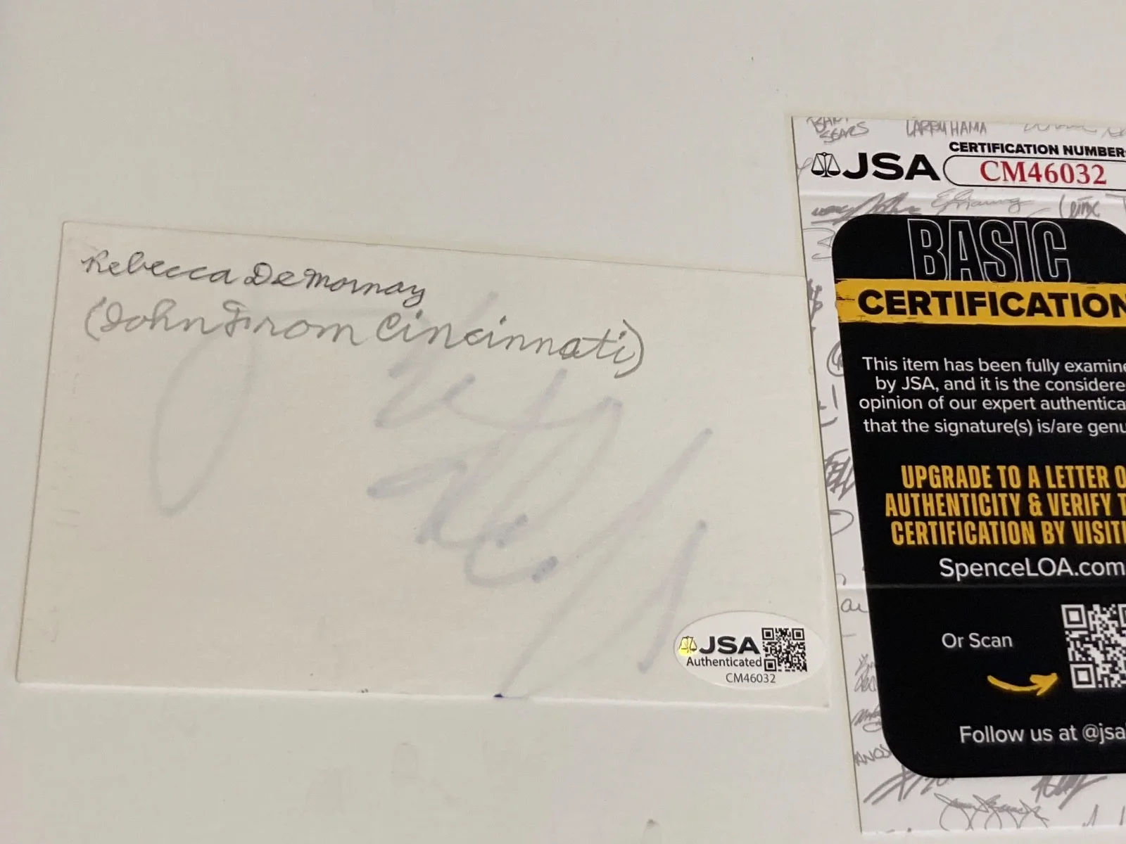 REBECCA DeMORNAY — REBECCA DeMORNAY signed 3x5 card "RISKY BUSINESS", "THE HAND THAT JSA #CM46032, изображение 2