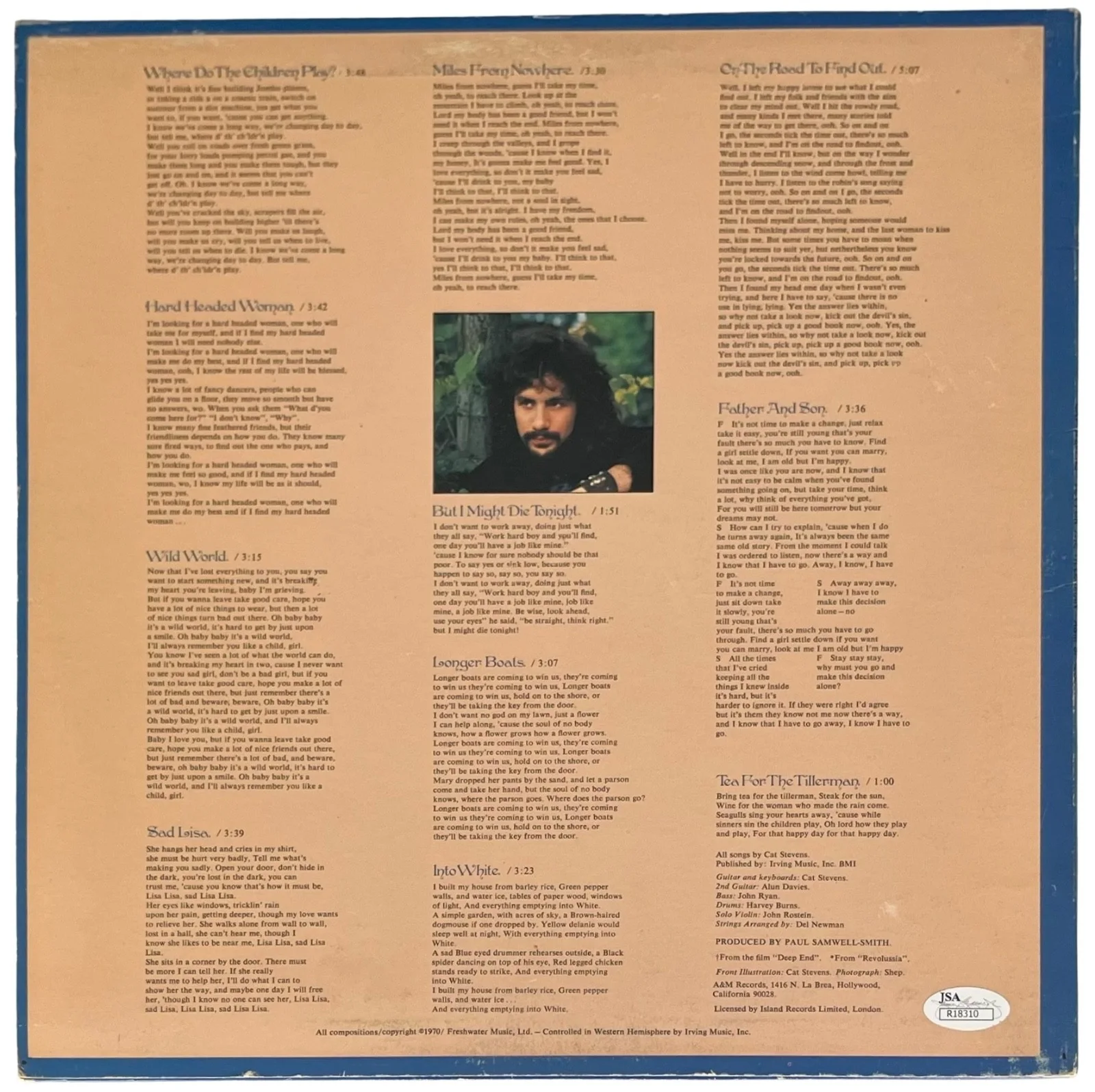 CAT STEVENS / YUSUF ISLAM SIGNED TEA FOR THE TILLERMAN VINYL RECORD JSA COA, image 2