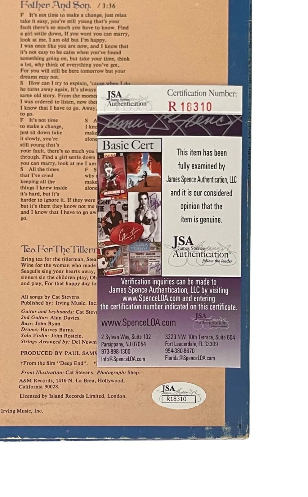 CAT STEVENS / YUSUF ISLAM SIGNED TEA FOR THE TILLERMAN VINYL RECORD JSA COA, image 3