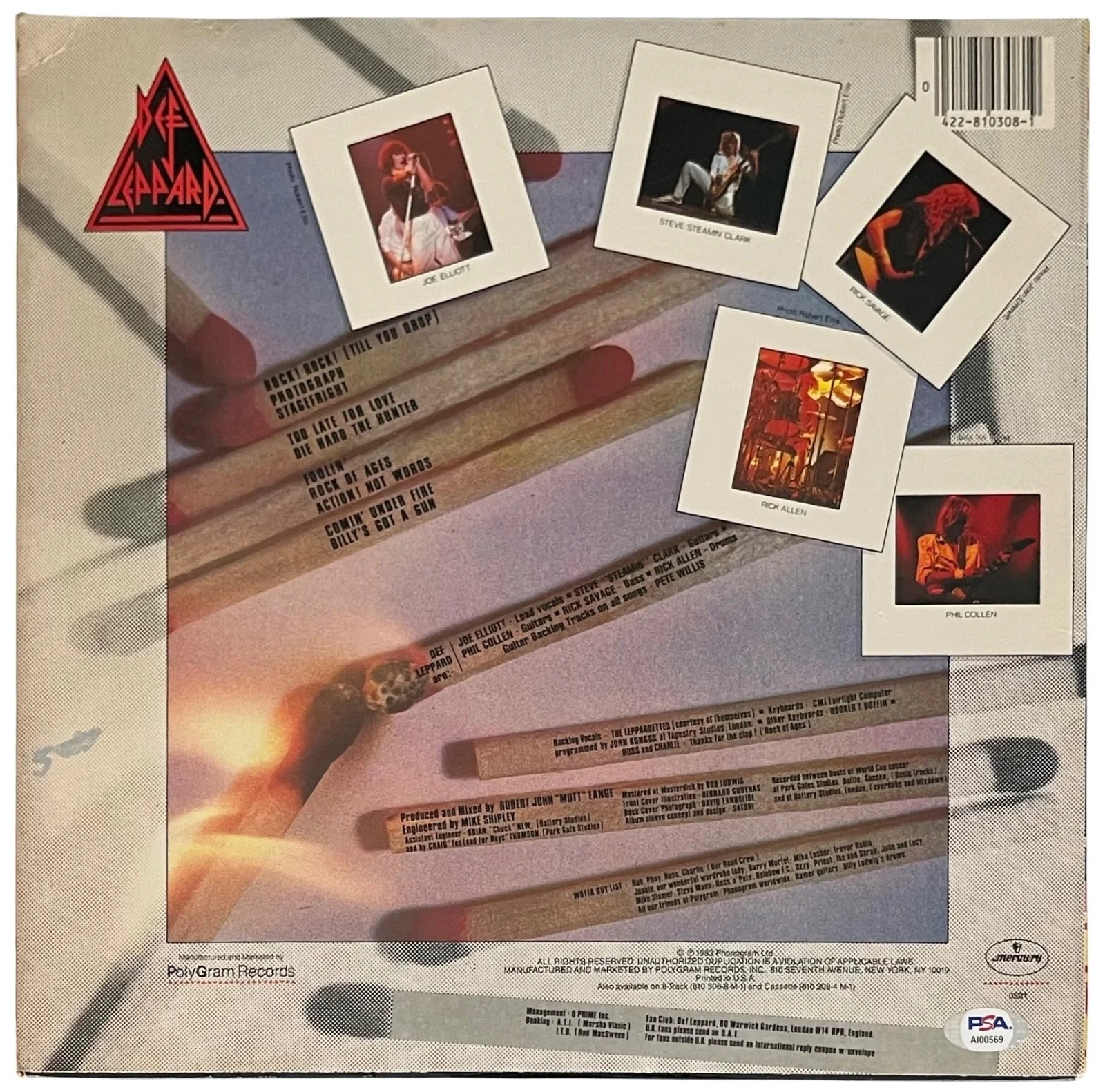 JOE ELLIOTT RICK SAVAGE RICK ALLEN PHIL COLLEN SIGNED DEF LEPPARD PYROMANIA PSA, image 2