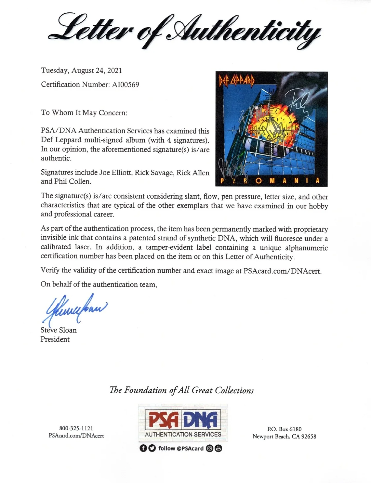 JOE ELLIOTT RICK SAVAGE RICK ALLEN PHIL COLLEN SIGNED DEF LEPPARD PYROMANIA PSA, image 4