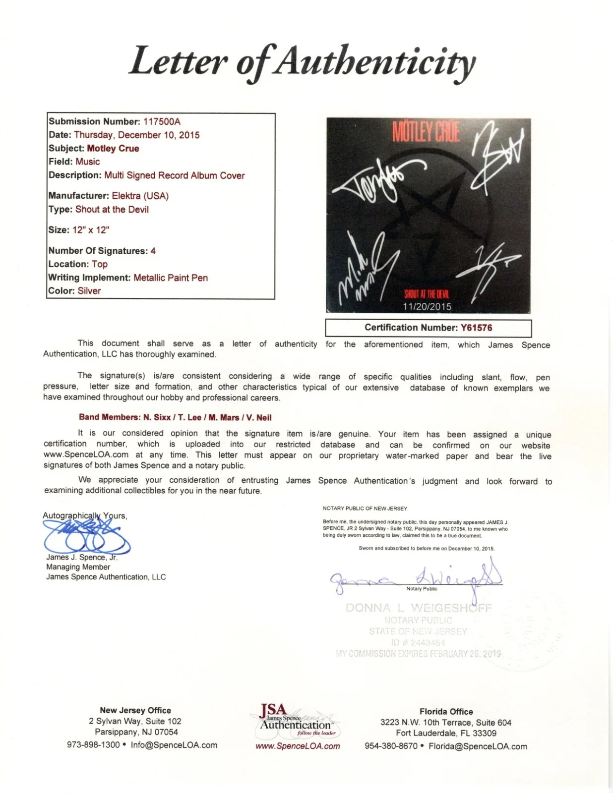 MOTLEY CRUE X4 NIKKI TOMMY MICK & VINCE SIGNED SHOUT AT THE DEVIL RECORD JSA LOA, image 4