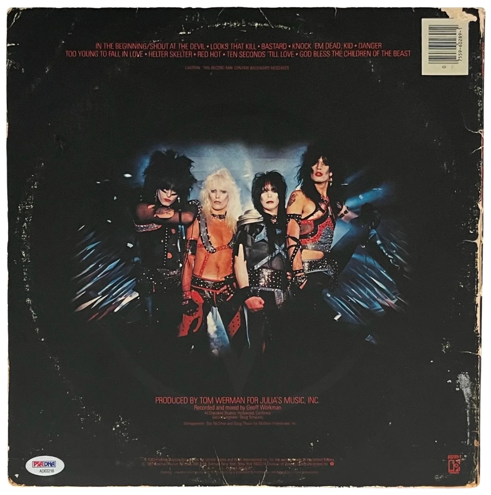 MOTLEY CRUE X4 TOMMY VINCE NIKKI & MICK SIGNED SHOUT AT THE DEVIL RECORD PSA LOA, image 2