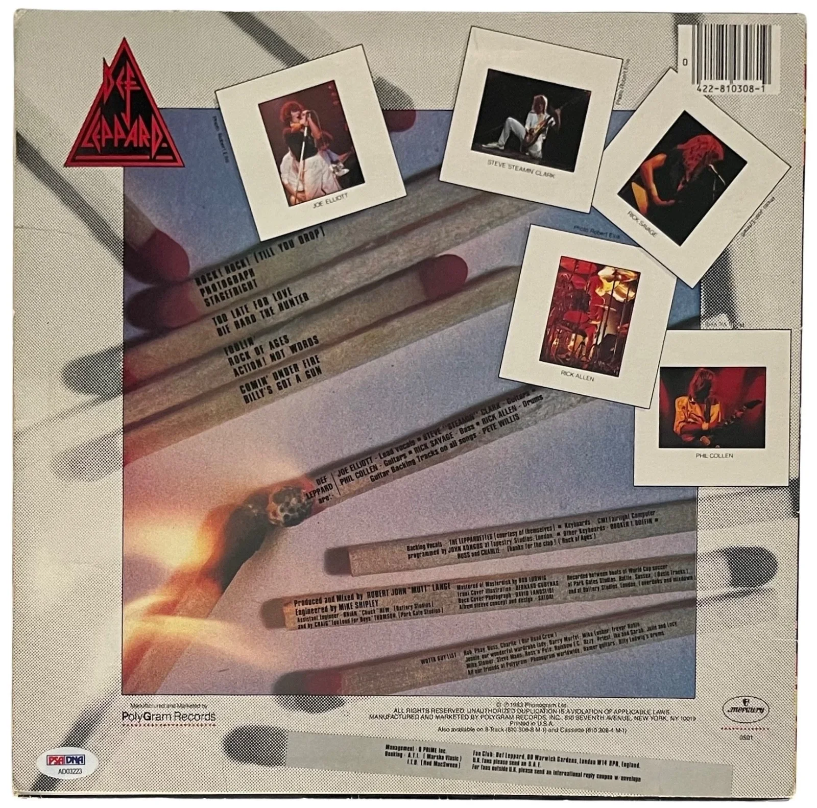 RICK ALLEN PHIL COLLEN JOE ELLIOTT RICK SAVAGE SIGNED DEF LEPPARD PYROMANIA PSA, image 2