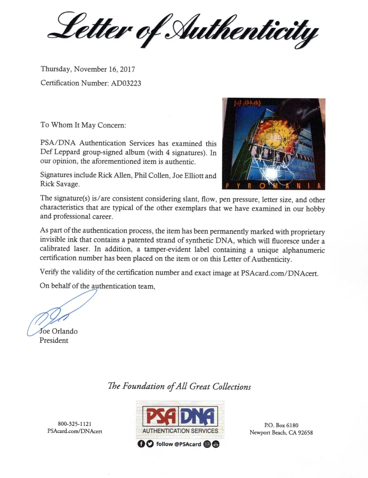 RICK ALLEN PHIL COLLEN JOE ELLIOTT RICK SAVAGE SIGNED DEF LEPPARD PYROMANIA PSA, image 4