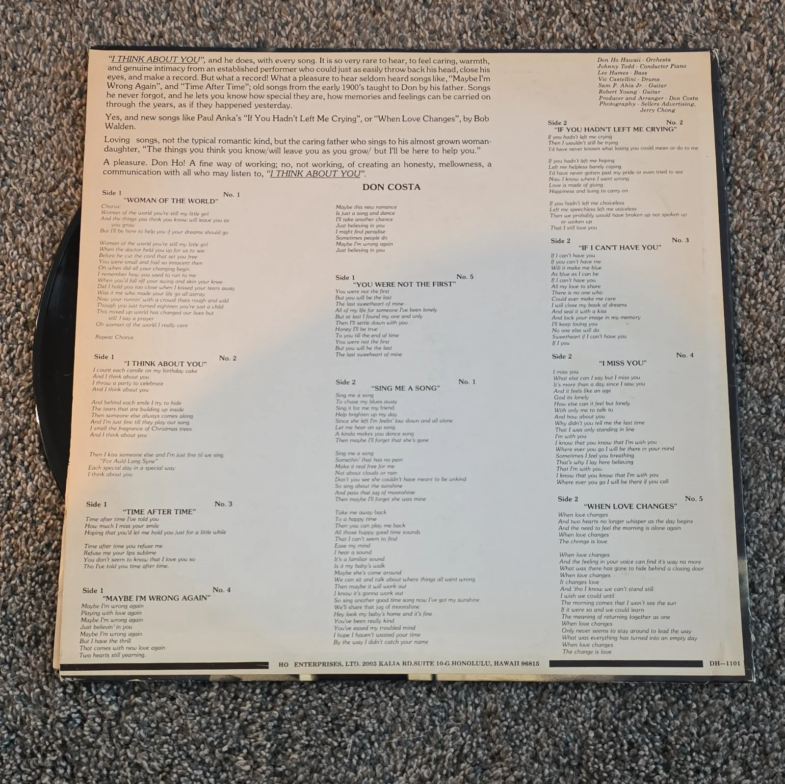 Don Ho 'I Think About You' Signed Original Vinyl Record, image 5