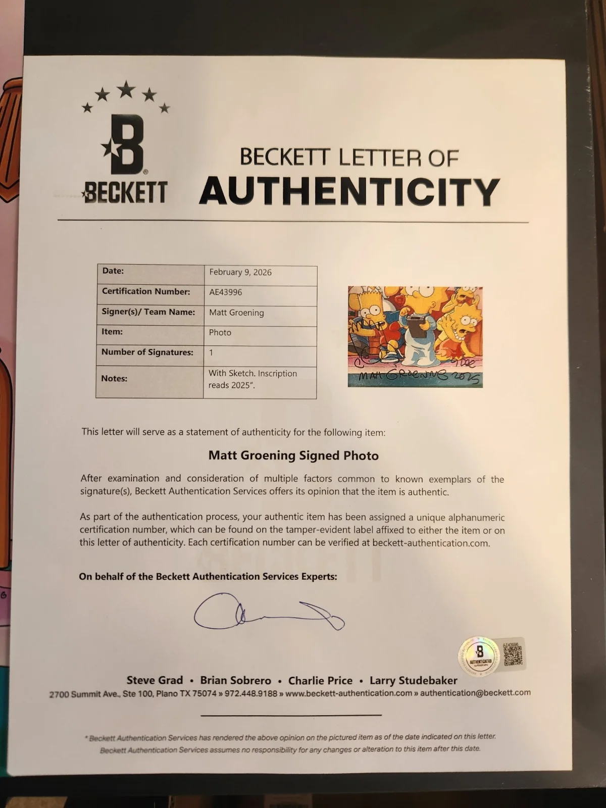 matt groening — MATT GROENING SIGNED 12X18 THE SIMPSONS PHOTO HOMER BART SKETCH CREATOR BAS, изображение 2