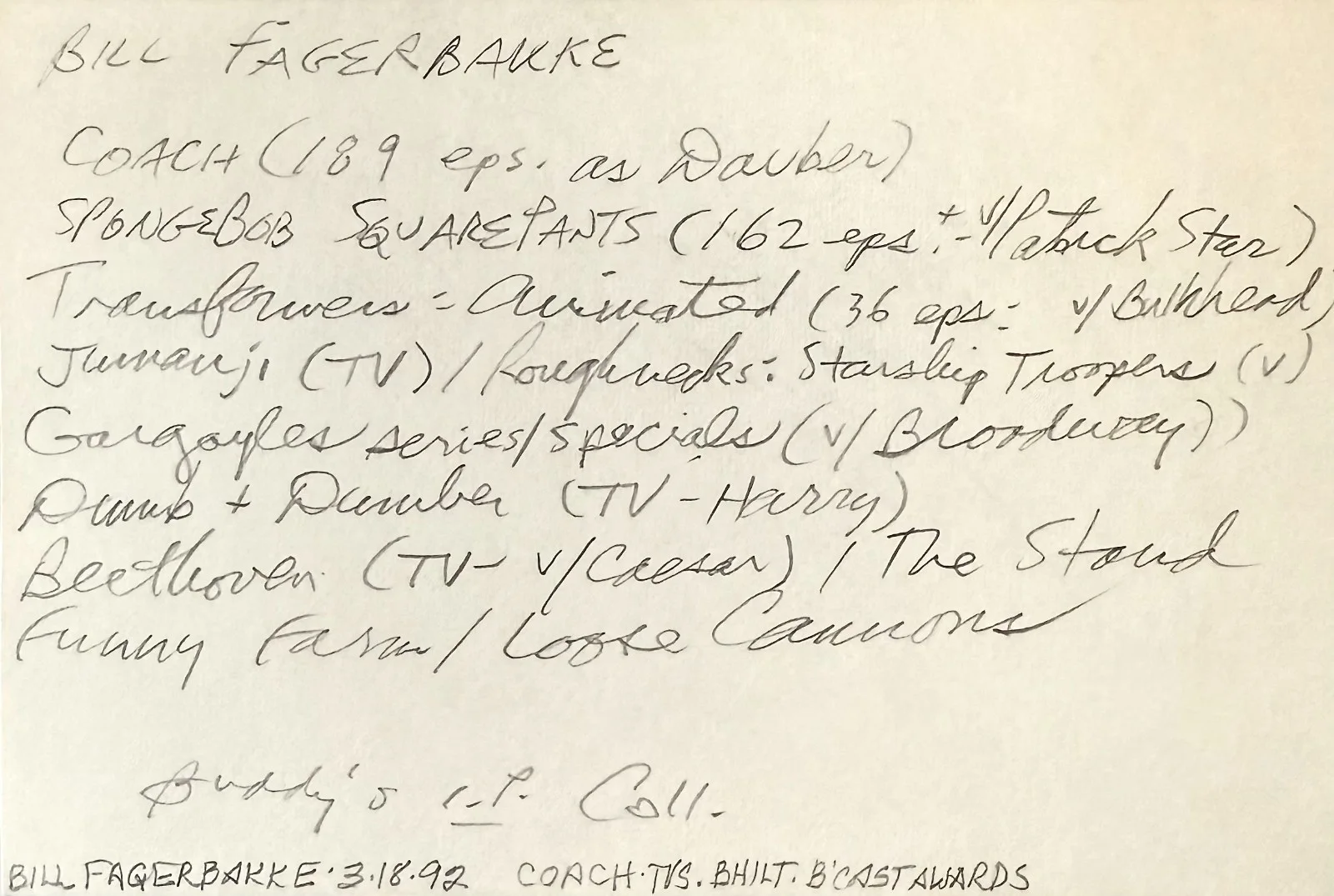Bill Fagerbakke — BILL FAGERBAKKE Signed Autographed 4"x 6 INDEX CARD SpongeBob SquarePants COACH, изображение 4