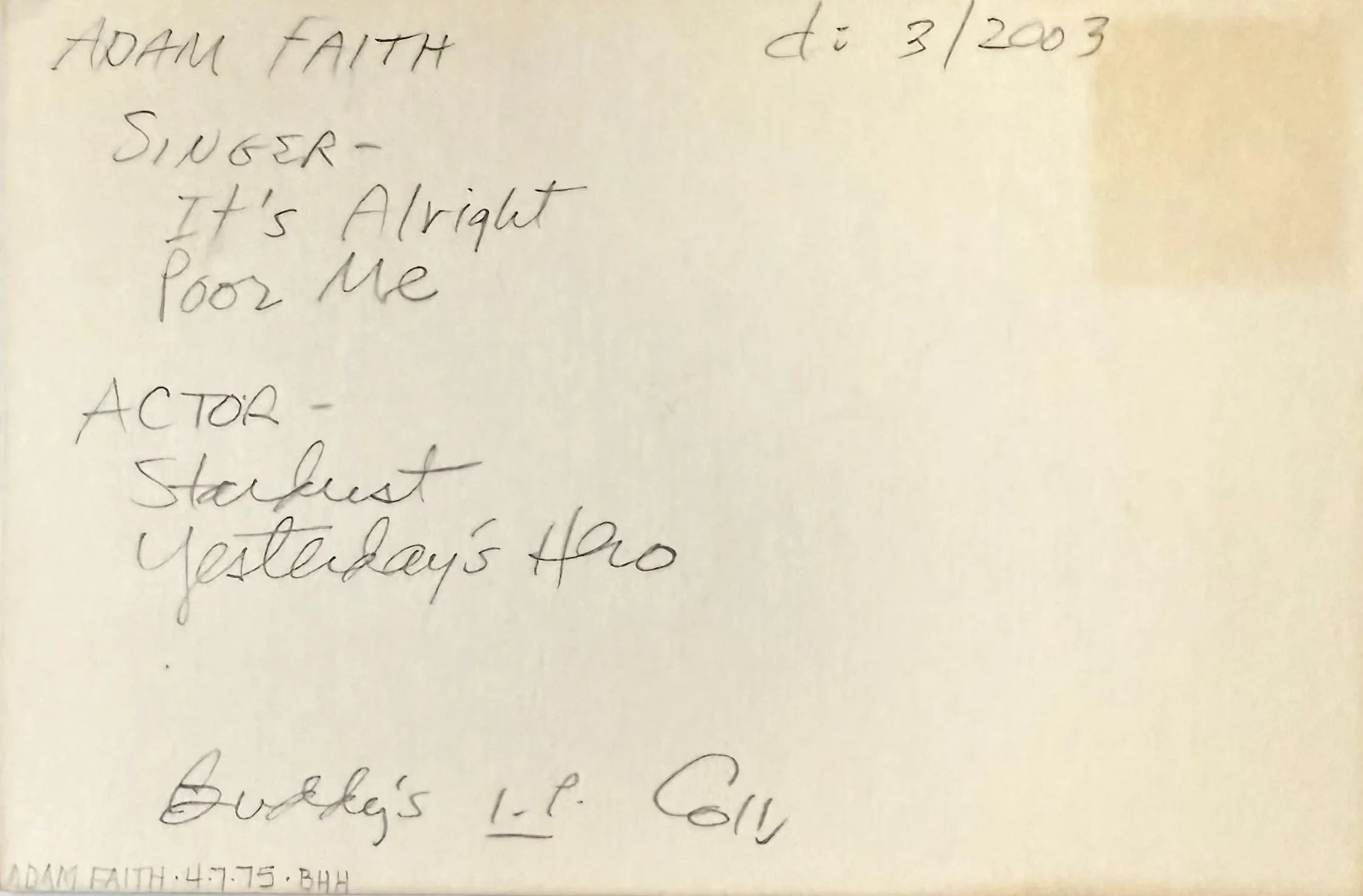 ADAM FAITH Signed Autograph 4"x 6" INDEX CARD ENGLIH SINGER "What Do You Want?", изображение 2