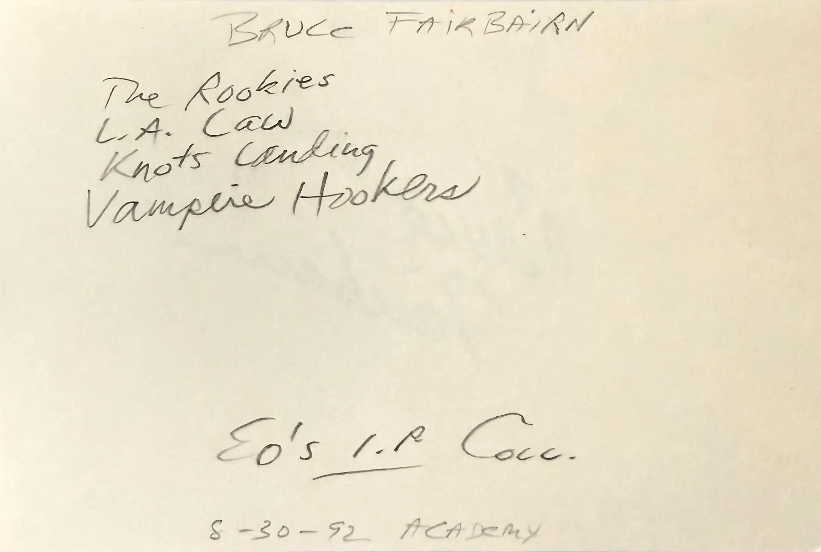 Bruce Fairbairn — BRUCE FAIRBAIRN Signed Autographed 4"x 6 INDEX CARD Vampire Hookers The Rookies, изображение 2