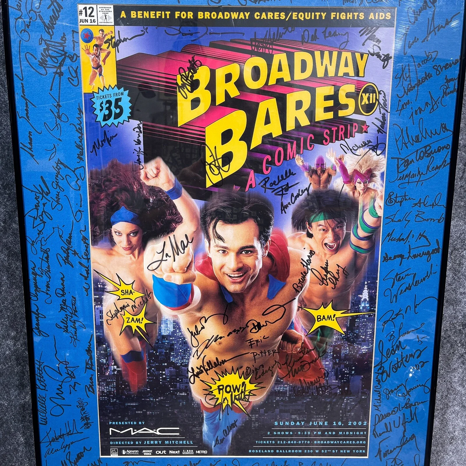 A Benefit For Broadway Cares Equity Fights AIDS — Broadway Bares XII A Comic Strip Cast Signed Framed Poster 28"x20" Vintage 2002, изображение 2
