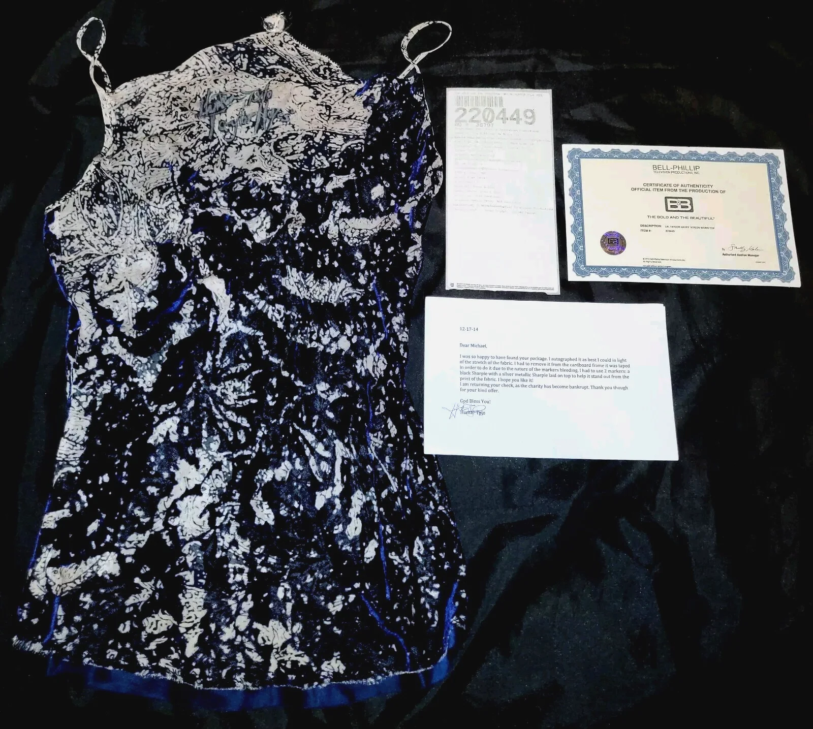 Hunter Tylo — HUNTER TYLO SIGNED SCREEN WORN SHIRT TOP COA BOLD & THE BEAUTIFUL TAYLOR HAYES