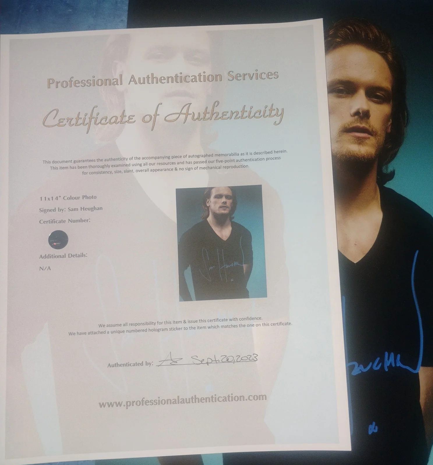 Sam Heughan Hand Signed Aurograph 11x14 Photo COA - NO US TARIFFS, image 5