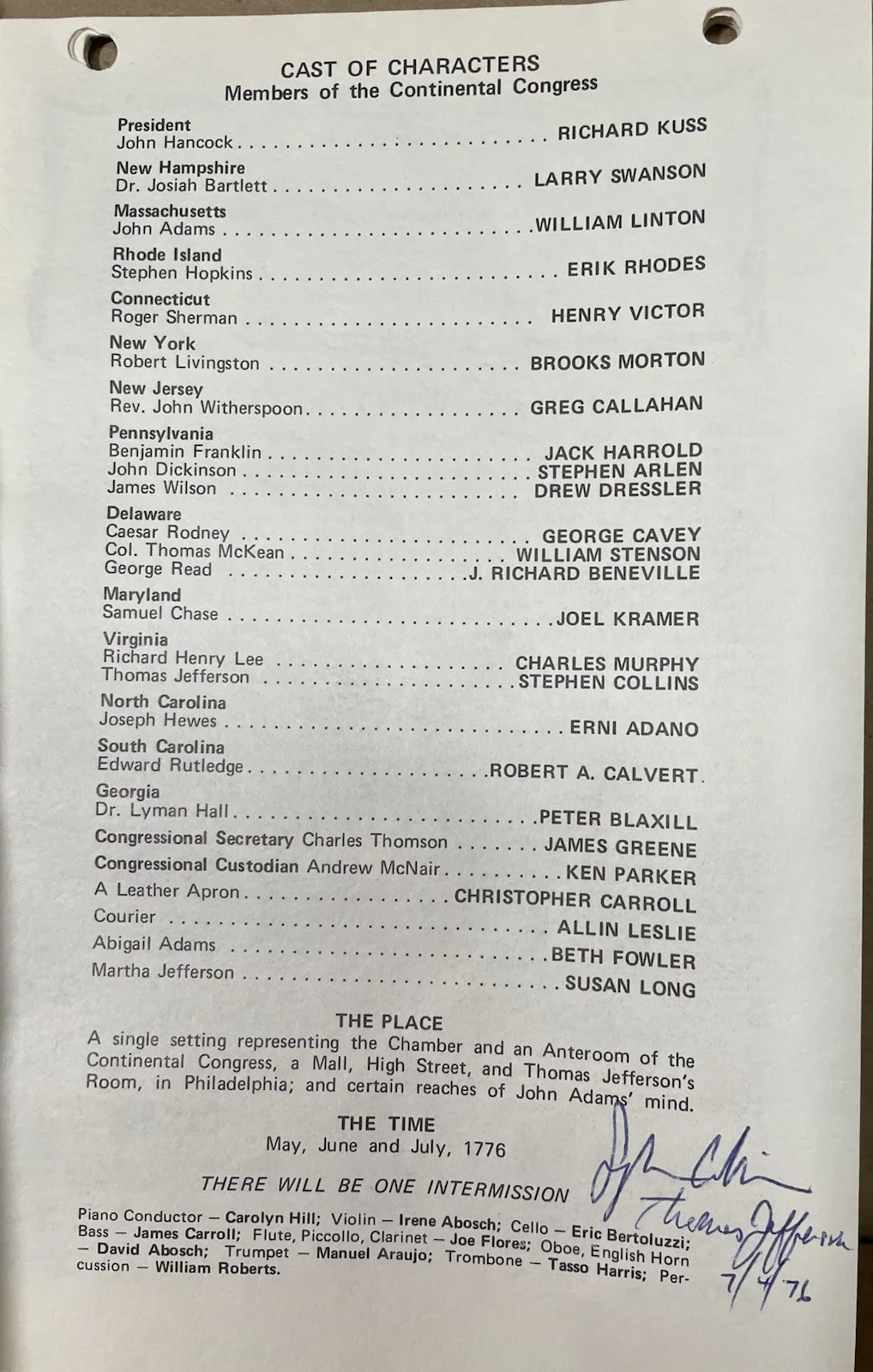 1776 musical Central City Opera House 1972 Autographed by Stephen Collins actor, изображение 4