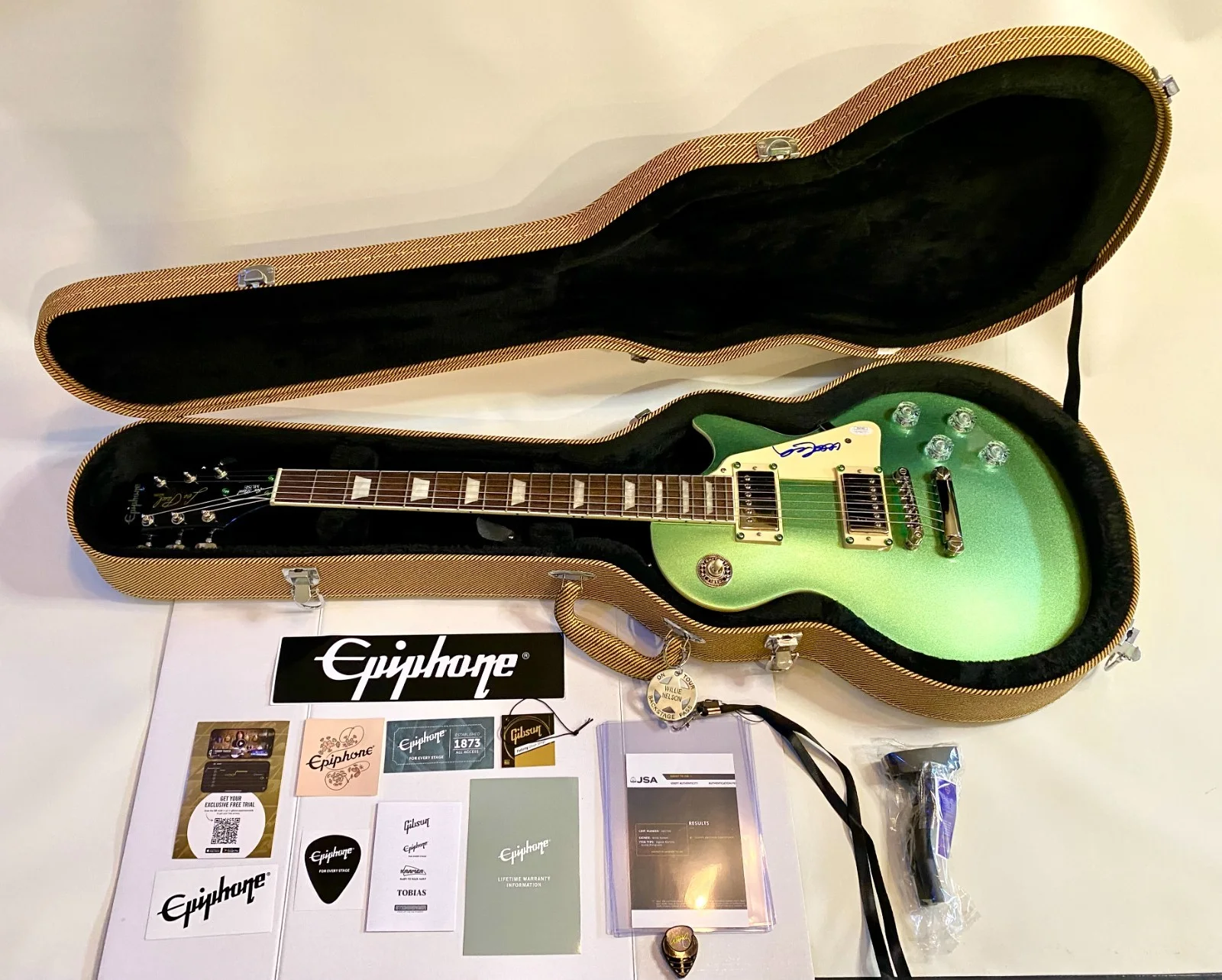 Willie Nelson — WILLIE NELSON SIGNED JSA NEW EPIPHONE LES PAUL Guitar 1/1 NEW TWEED HARD CASE +, изображение 3