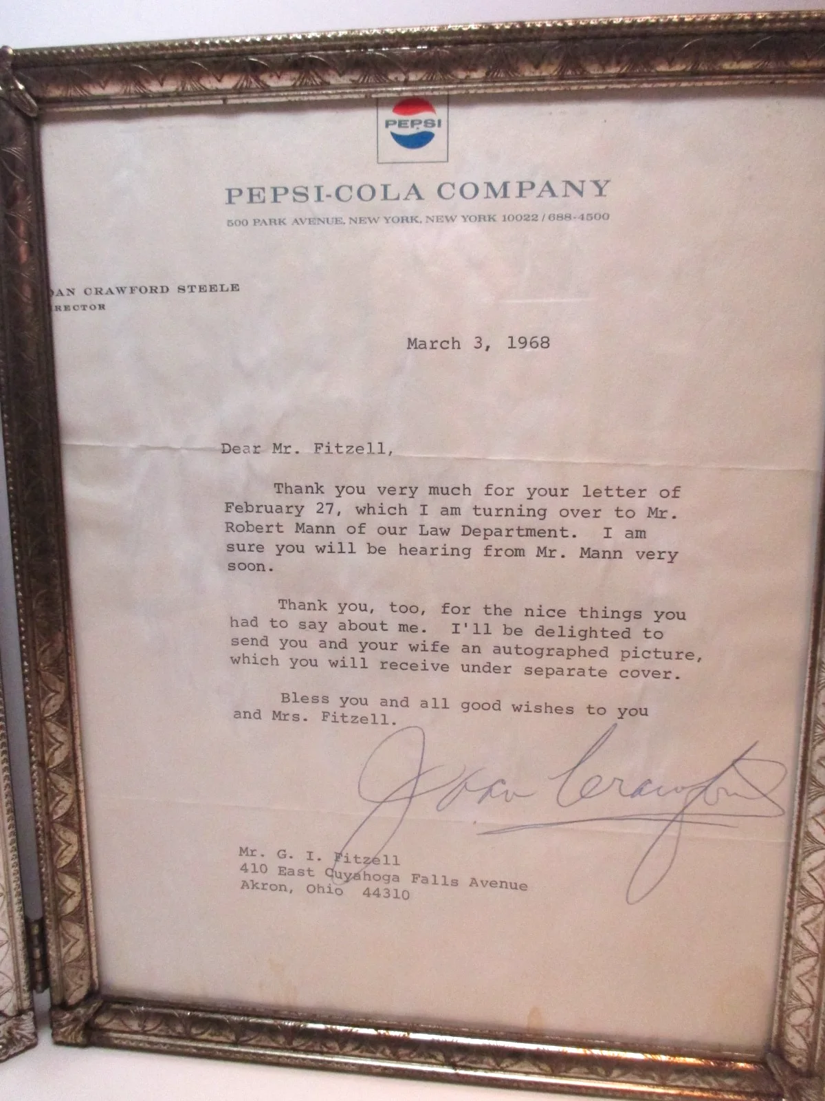 Joan Crawford — Vtg 1968 Joan Crawford Signed Photograph & Pepsi Cola Letterhead Letter Signed, изображение 5