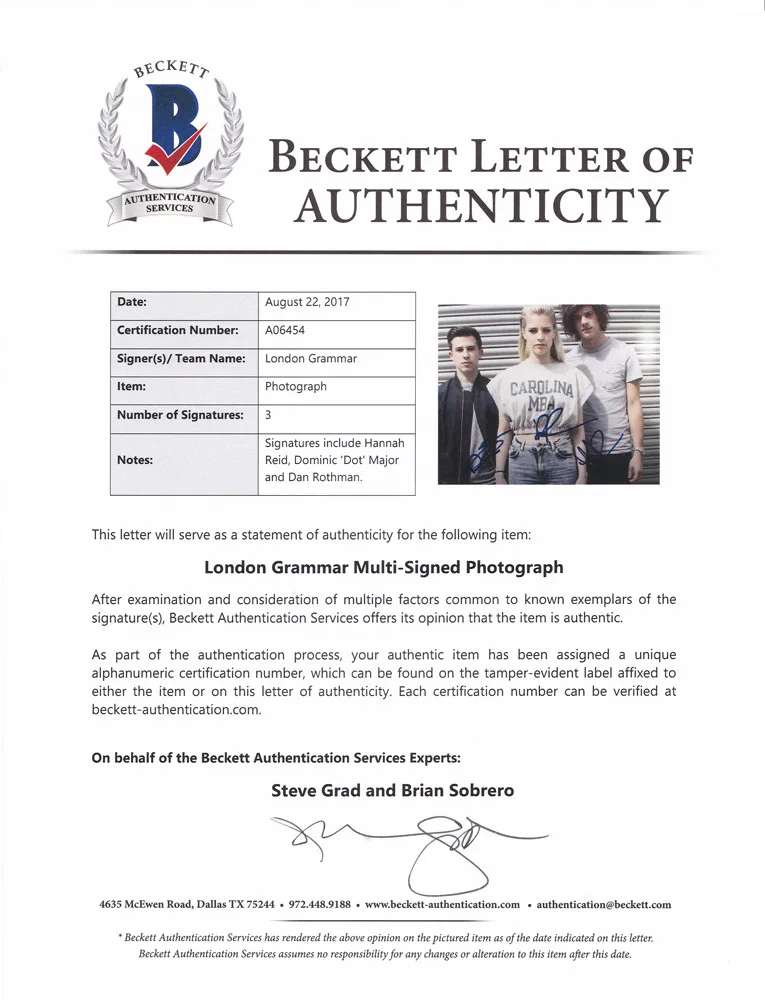 London Grammar — London Grammar Complete Band Signed Autograph 8x10 Photo Beckett BAS COA #2, image 3