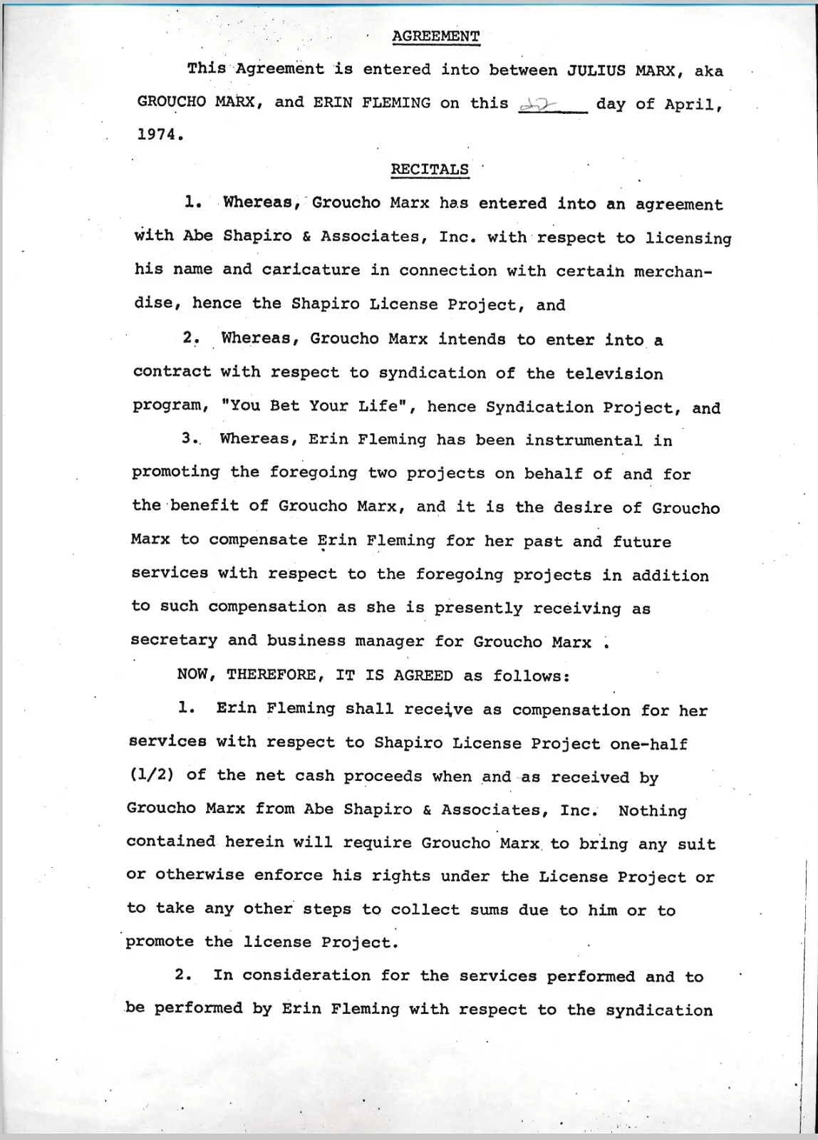 Groucho Marx & Erin Fleming - 1974 Historic Signed Agreement - Lawsuit, image 2