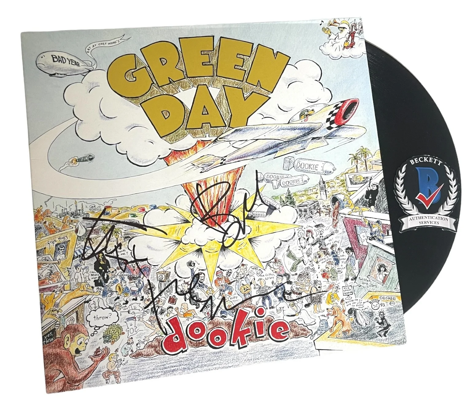 BILLIE JOE ARMSTRONG TRE COOL & MIKE DIRNT — GREEN DAY SIGNED AUTO DOOKIE ALBUM VINYL LP BAS BECKETT BILLIE JOE TRE MIKE
