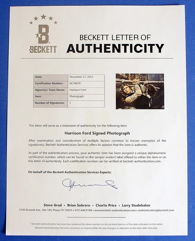 Harrison Ford — **Beckett LOA** HARRISON FORD SIGNED 11x14 Star Wars Photo (Ewoks ROTJ), image 3