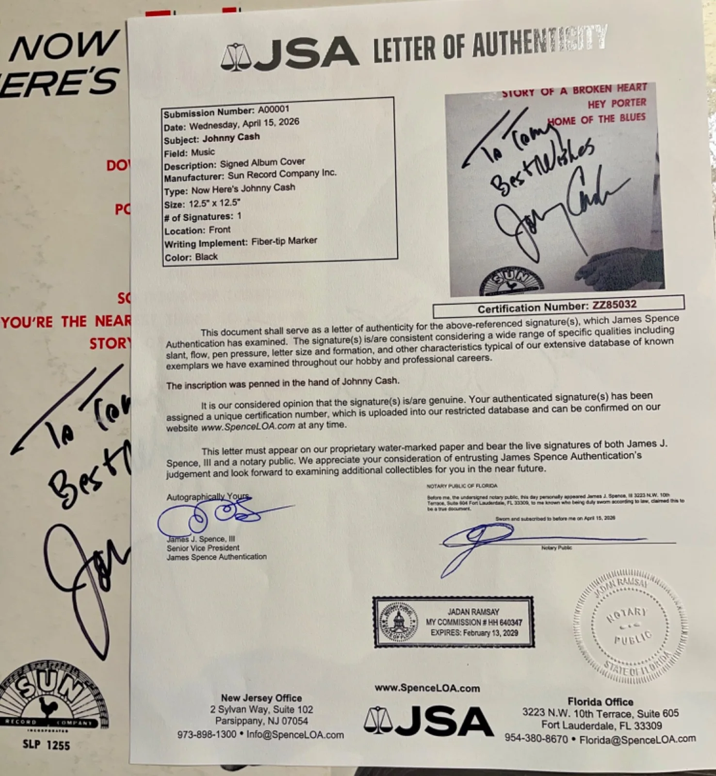 Johnny Cash Signed Album Cover w/1961 Sun Records Vinyl + Concert Ticket JSA LOA, изображение 2
