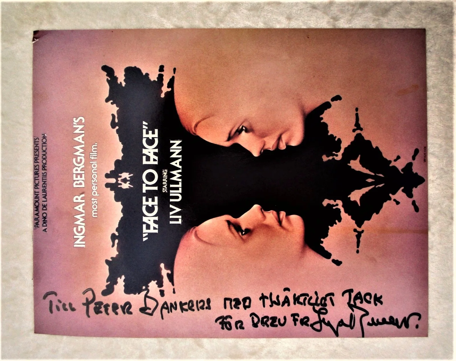 Ingmar Bergman — INGMAR BERGMAN **HAND SIGNED & INSCRIBED IN SWEDISH** on FACE TO FACE FILM PROMO, изображение 2