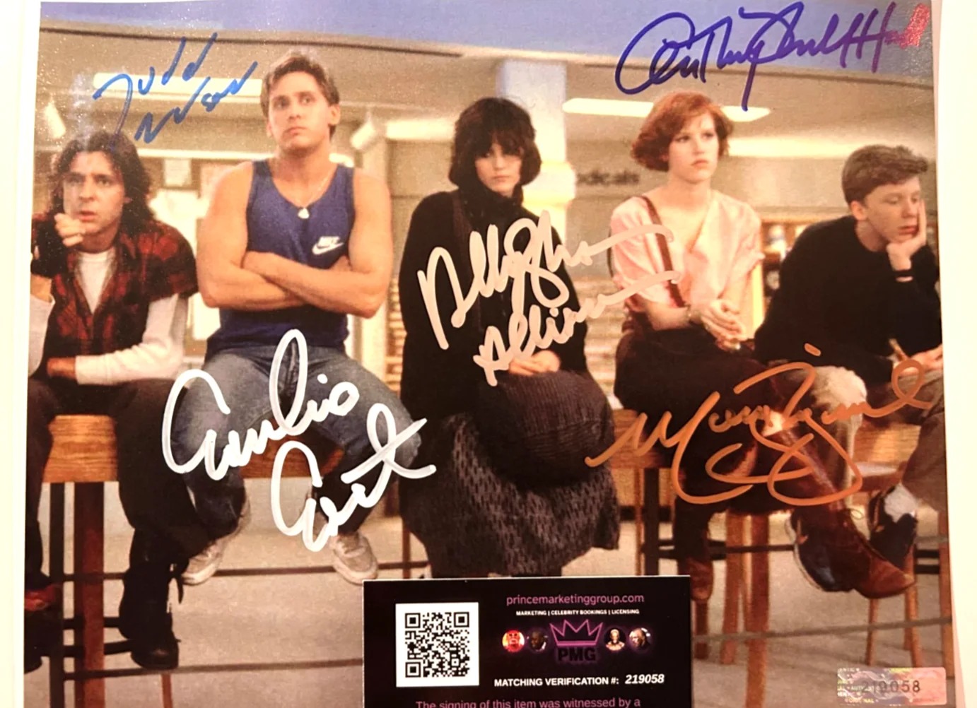 Emilio Estevez, Molly Ringwald, Judd Nelson, Ally Sheedy, Anthony — THE BREAKFAST CLUB Cast Signed 8x10" Authentic Original Autograph GENUINE w/COA