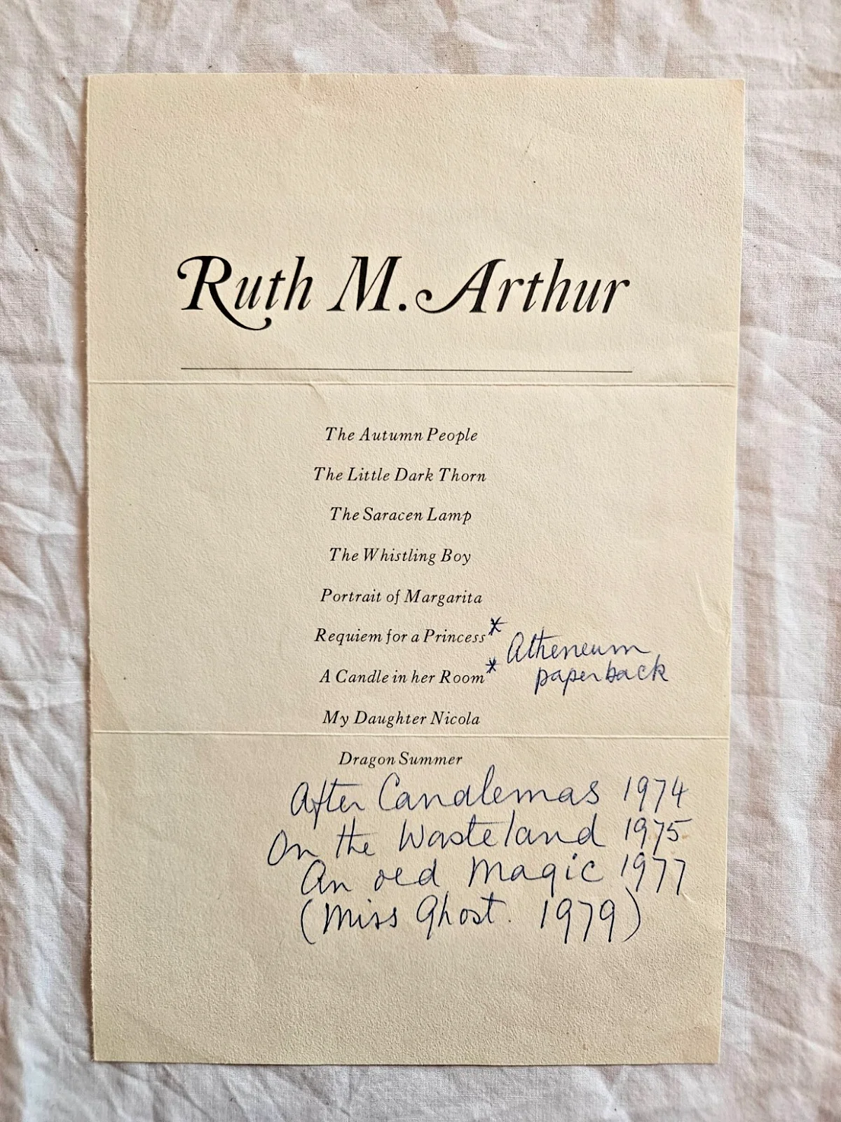 Ruth M Arthur signed discography page, image 2
