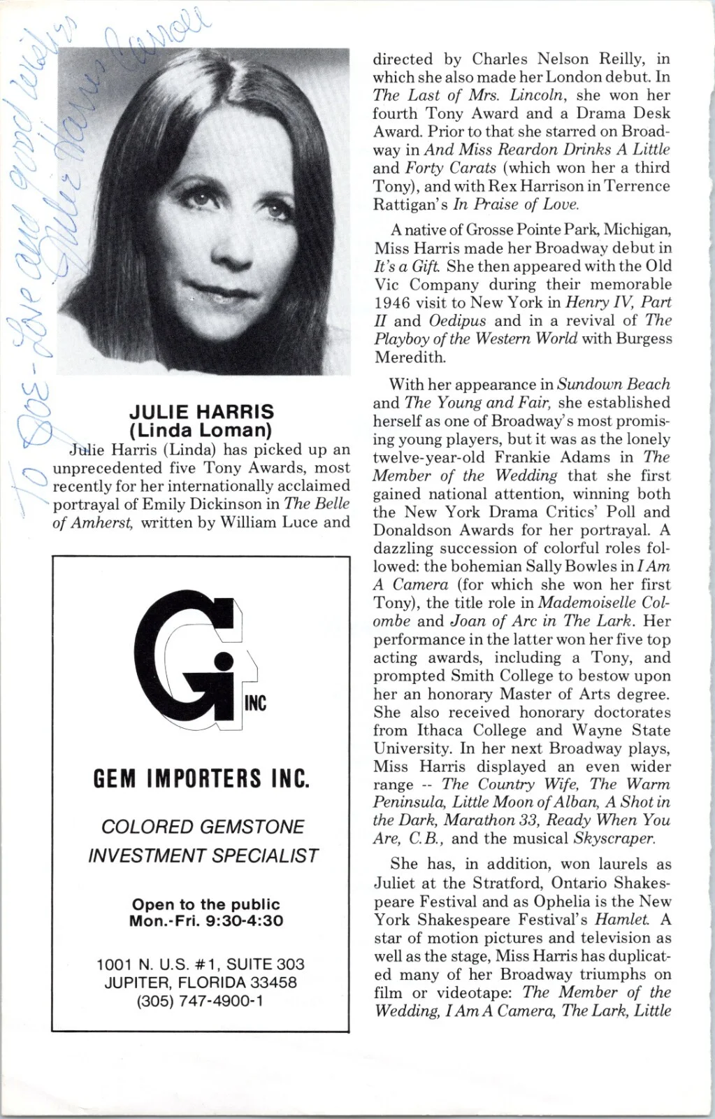 Julie Harris — Julie Harris - Hand signed autographed Playbill page - Death of a Salesman 1981
