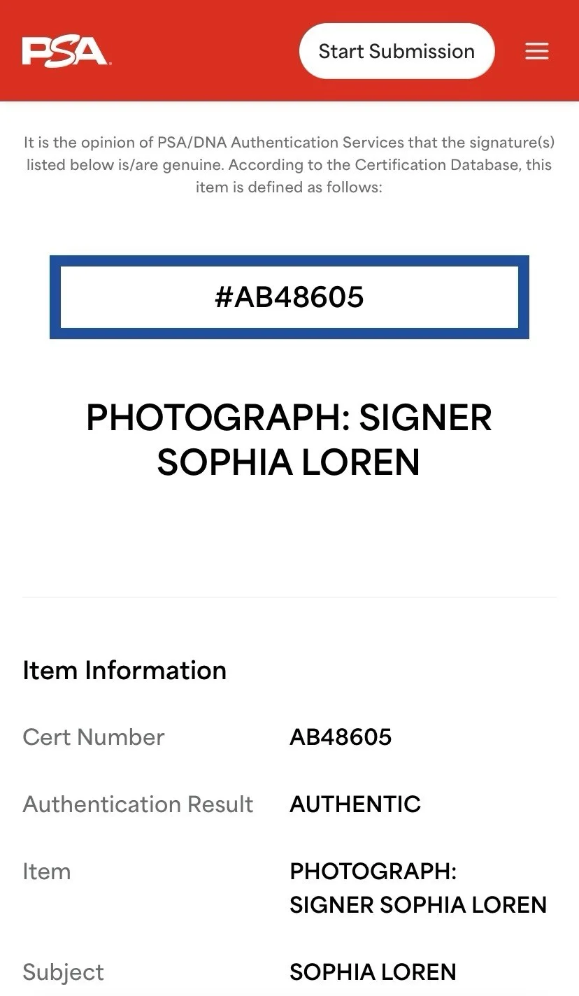 Sophia Loren — Sophia Loren Autographed Signed 8x10 Photo - PSA Cert AB48605, image 3