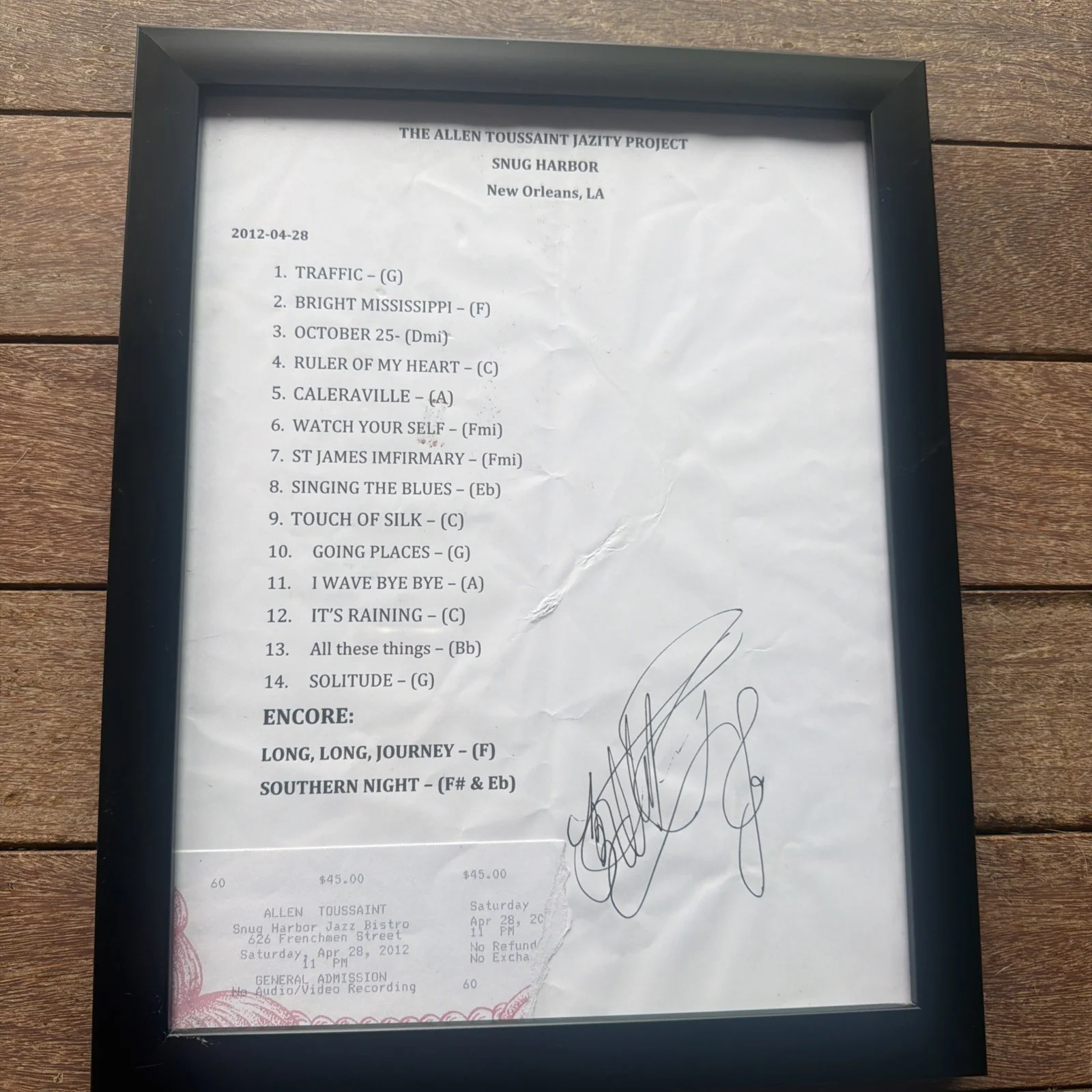 Allen Toussaint — Signed Allen Toussaint Set List From Snug Harbor 2012 W/ticket Stub