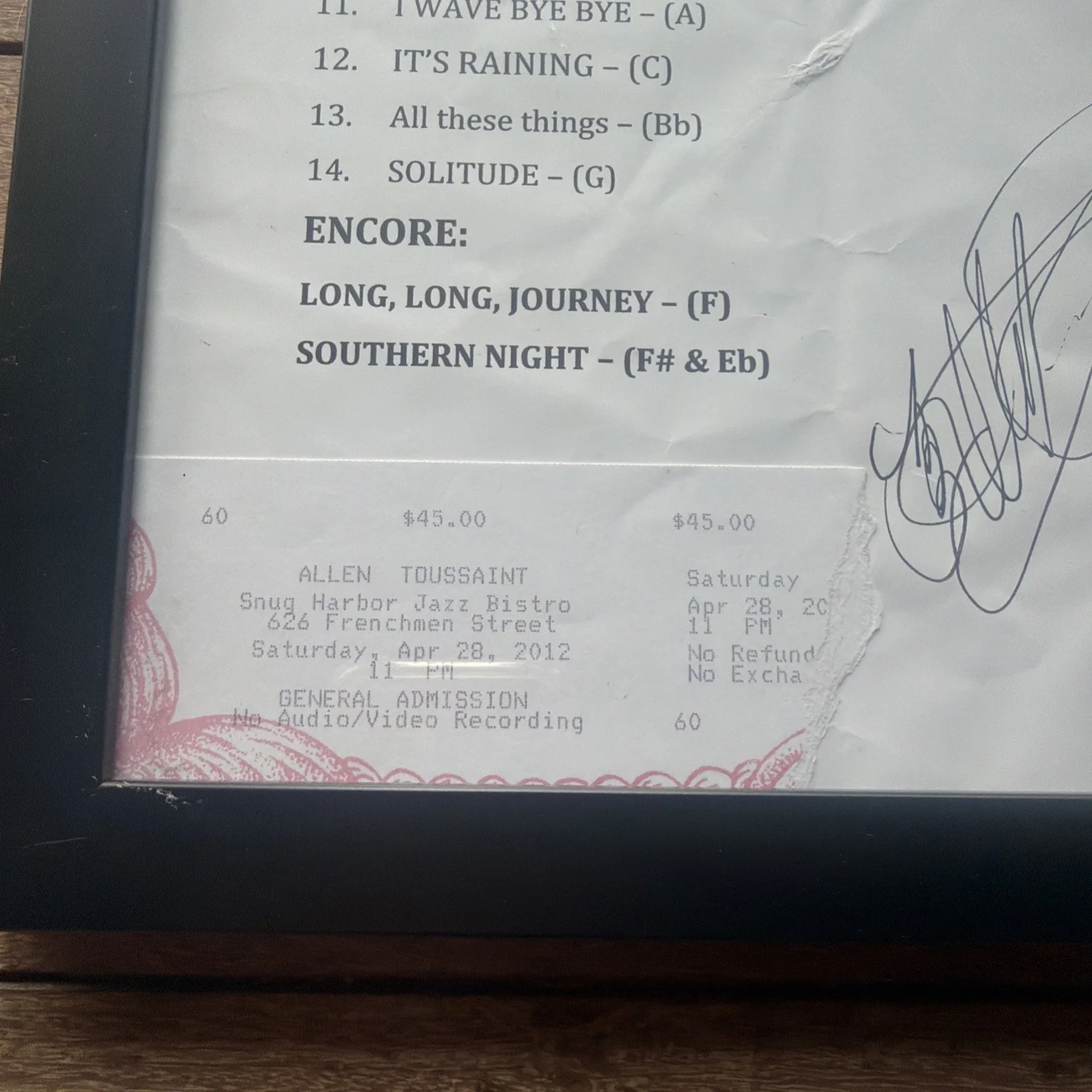Allen Toussaint — Signed Allen Toussaint Set List From Snug Harbor 2012 W/ticket Stub, image 3