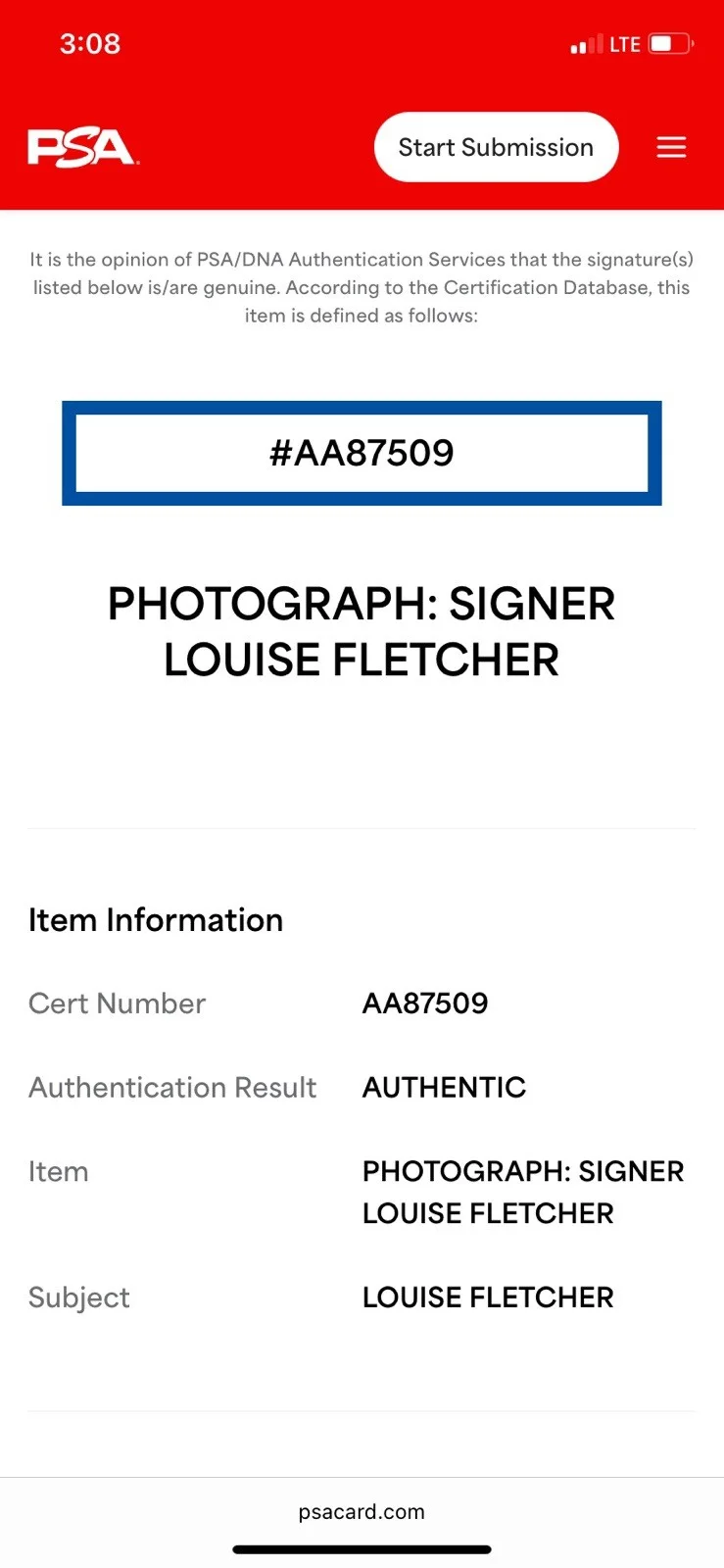 Louise Fletcher — Louise Fletcher One Flew Over the Cuckoo's Nest Signed 8x10 Photo - PSA AA87509, изображение 3