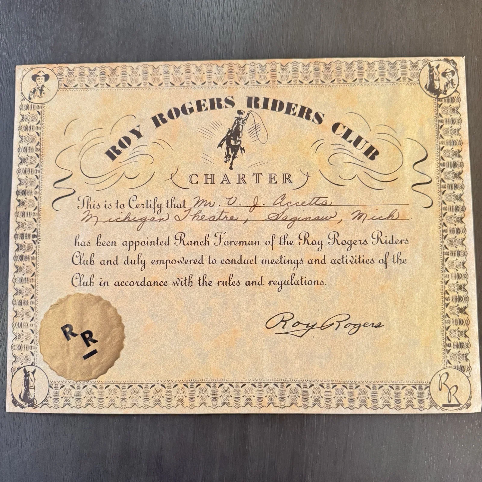 Vintage Roy Rogers Riders Club Charter Certificate 1940s Saginaw Michigan, image 5