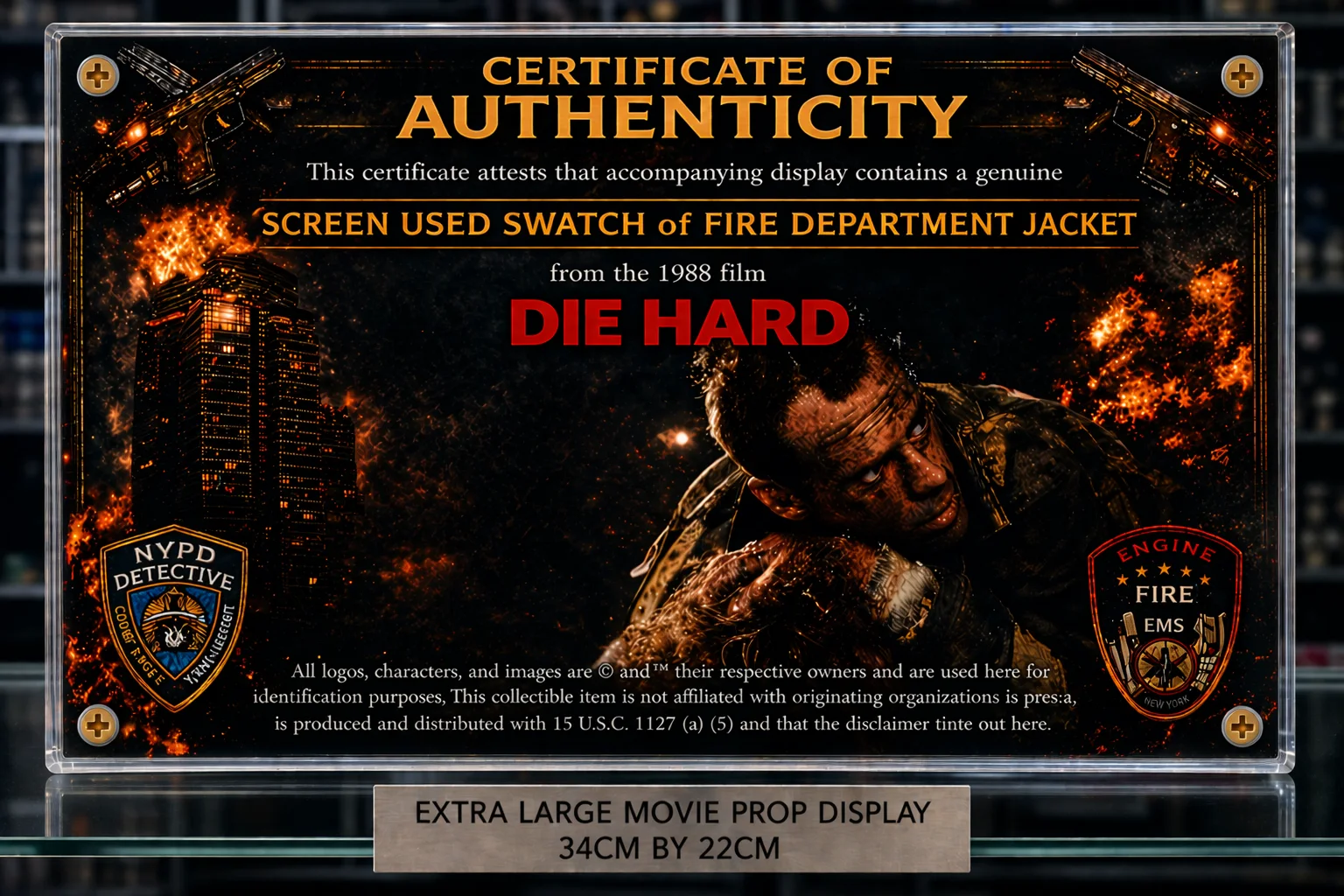 NEW XL Screen-Used Fabric Swatch – Die Hard Movie Prop Display COA – Fire Dept, image 2