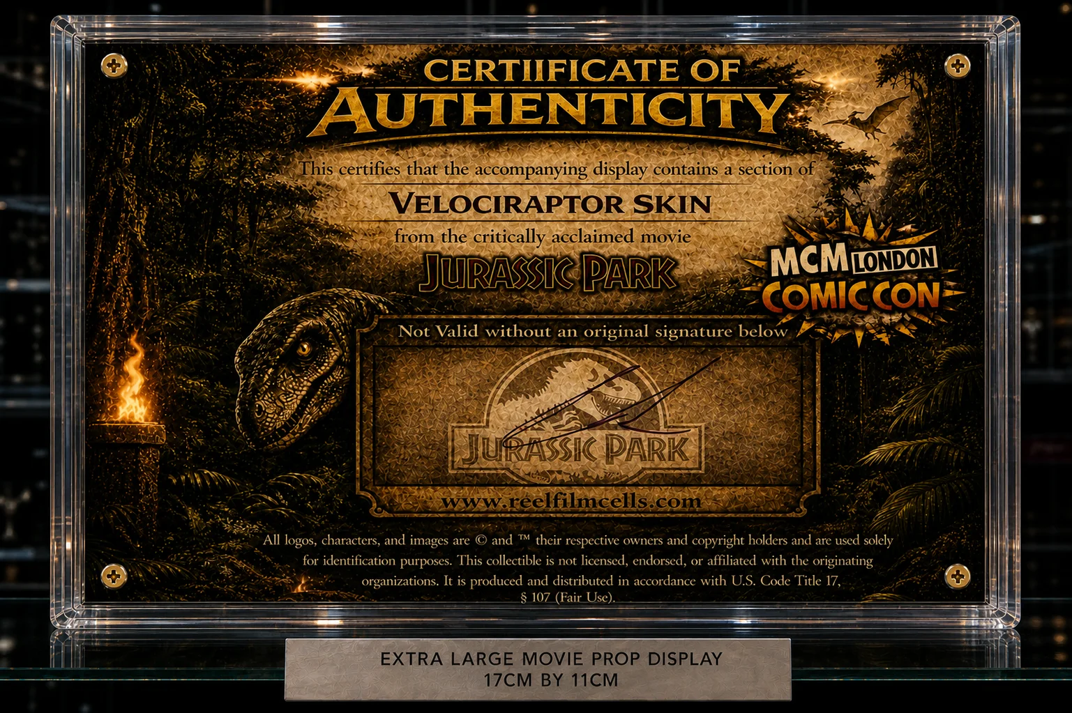 XL Screen-Used Velociraptor Hide Fragment – Jurassic Park Movie Prop – COA, image 2
